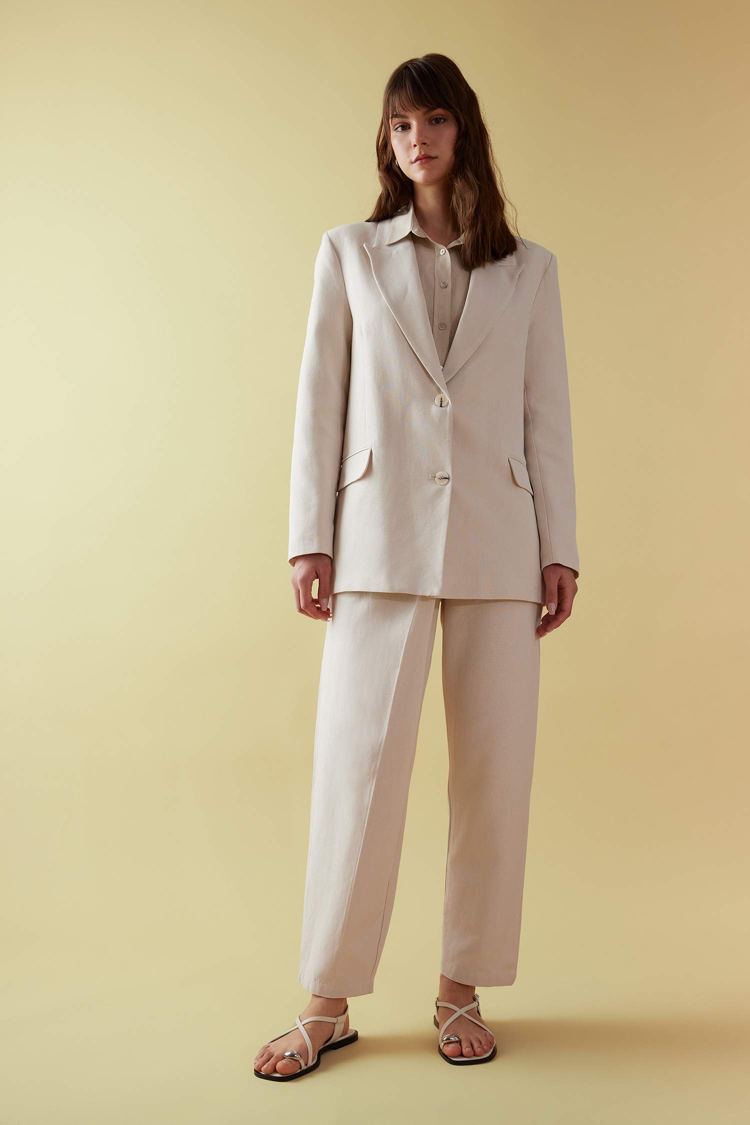 Relax Fit Ceket Yaka Keten Karışımlı Blazer Ceket