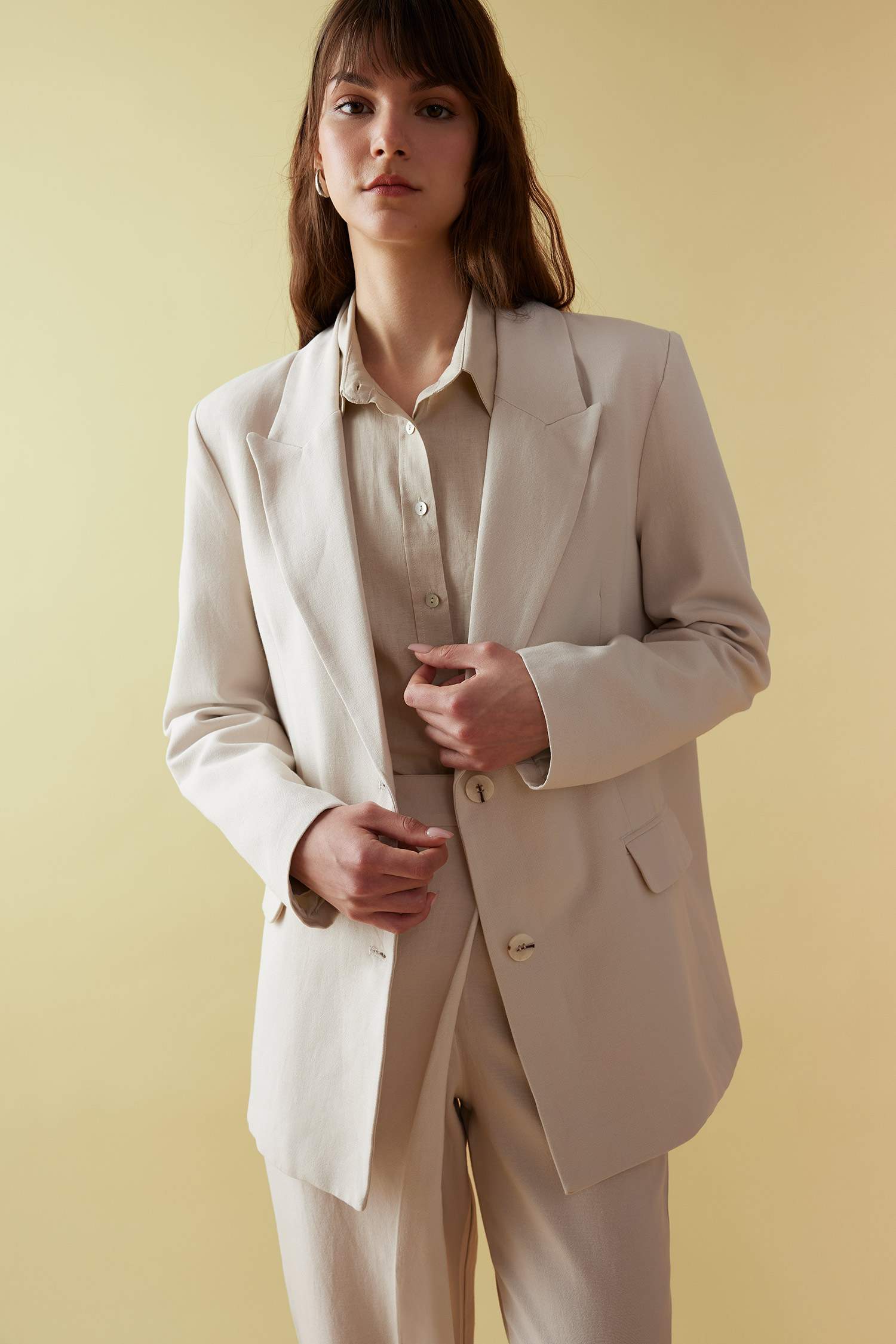 Relax Fit Ceket Yaka Keten Karışımlı Blazer Ceket