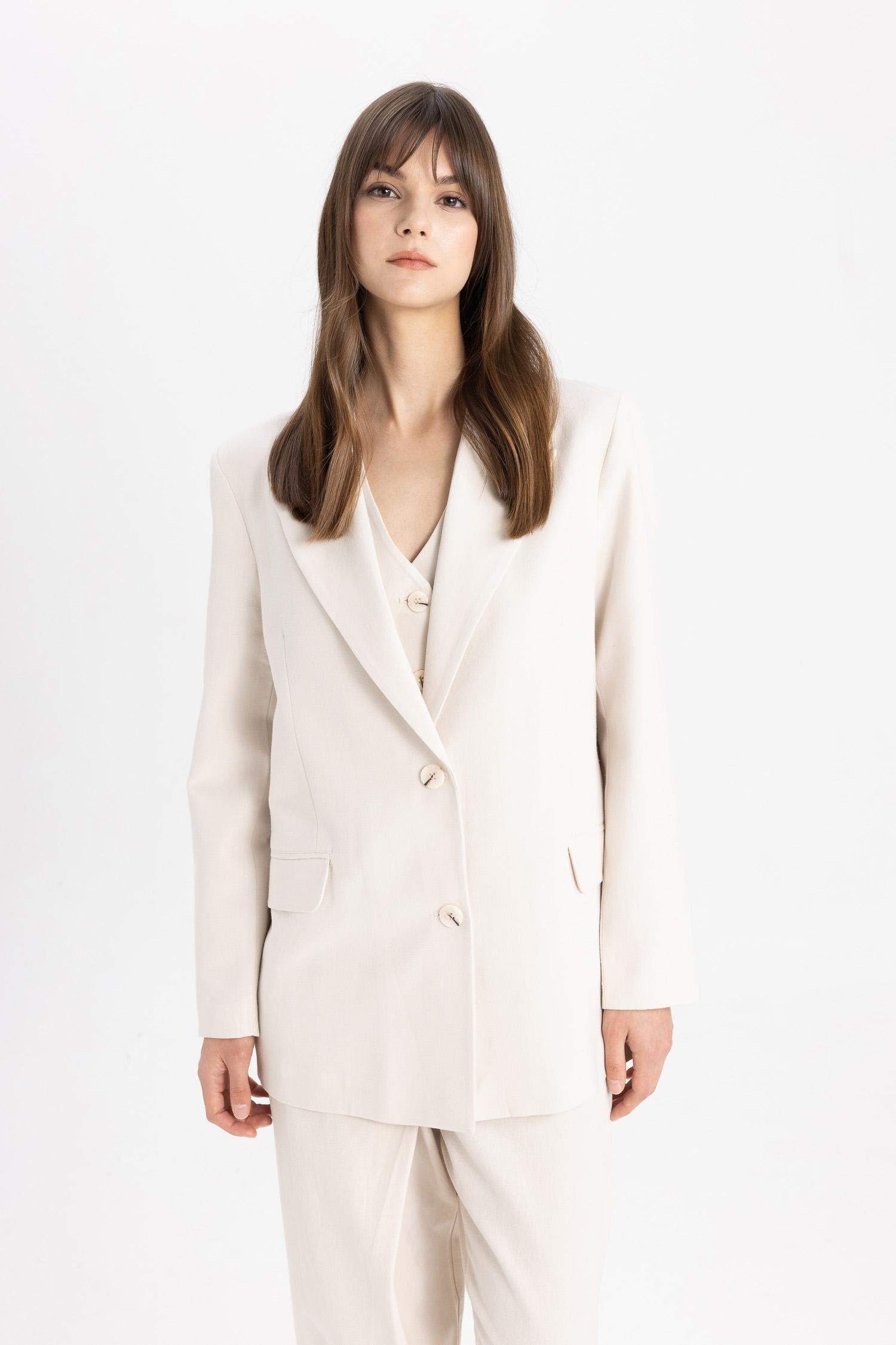 Relax Fit Ceket Yaka Keten Karışımlı Blazer Ceket