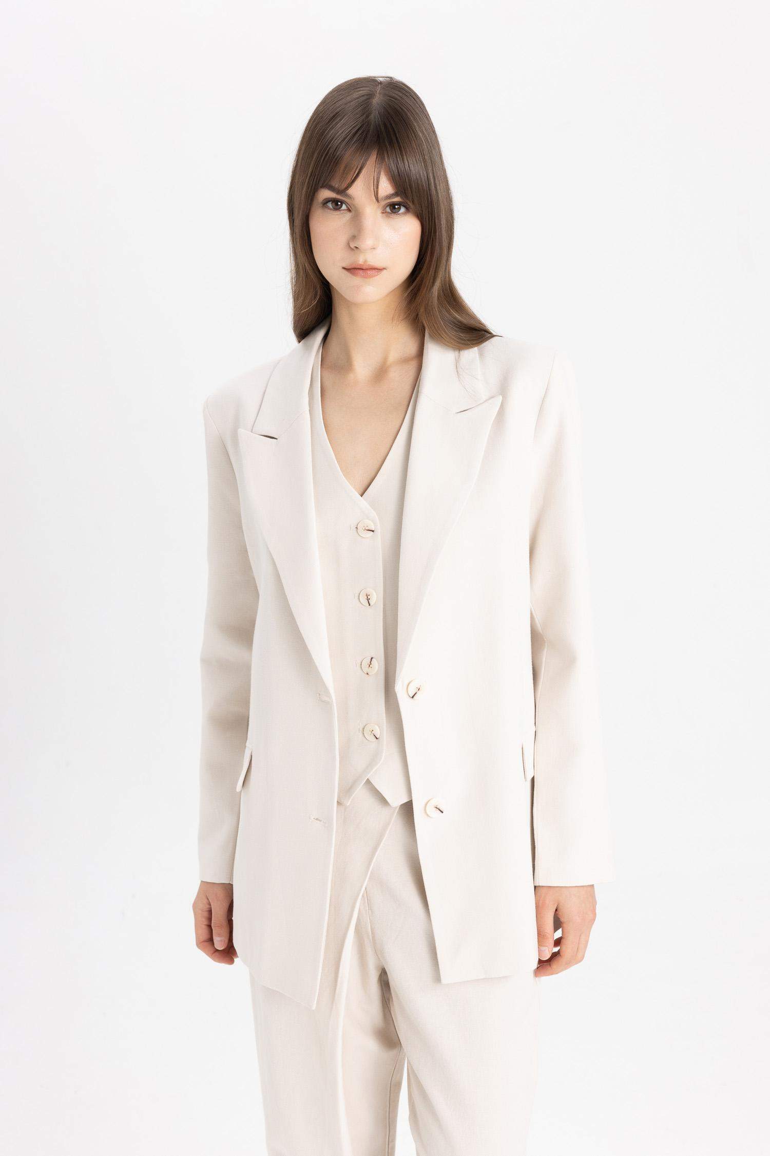 Relax Fit Ceket Yaka Keten Karışımlı Blazer Ceket