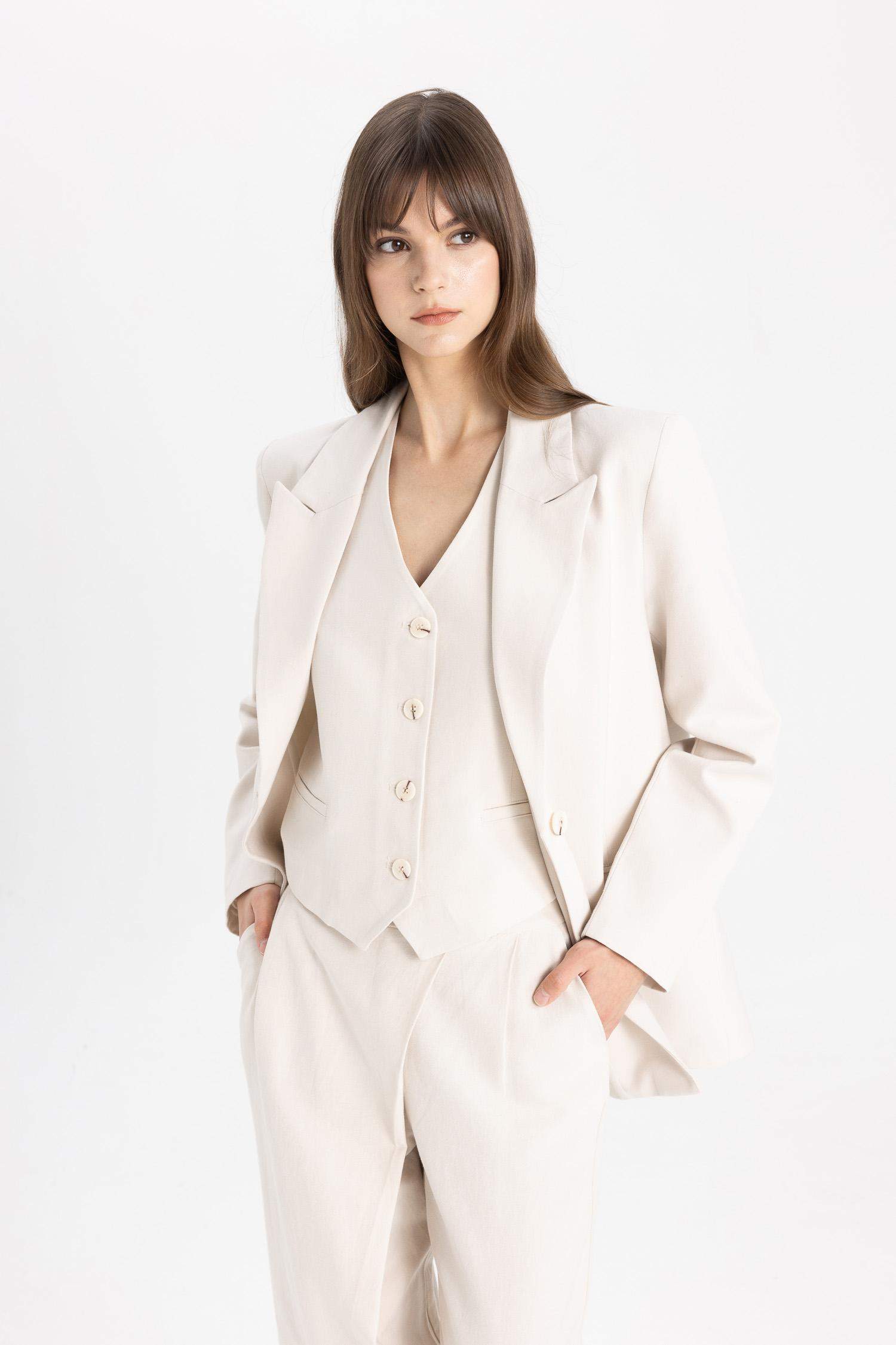 Relax Fit Ceket Yaka Keten Karışımlı Blazer Ceket