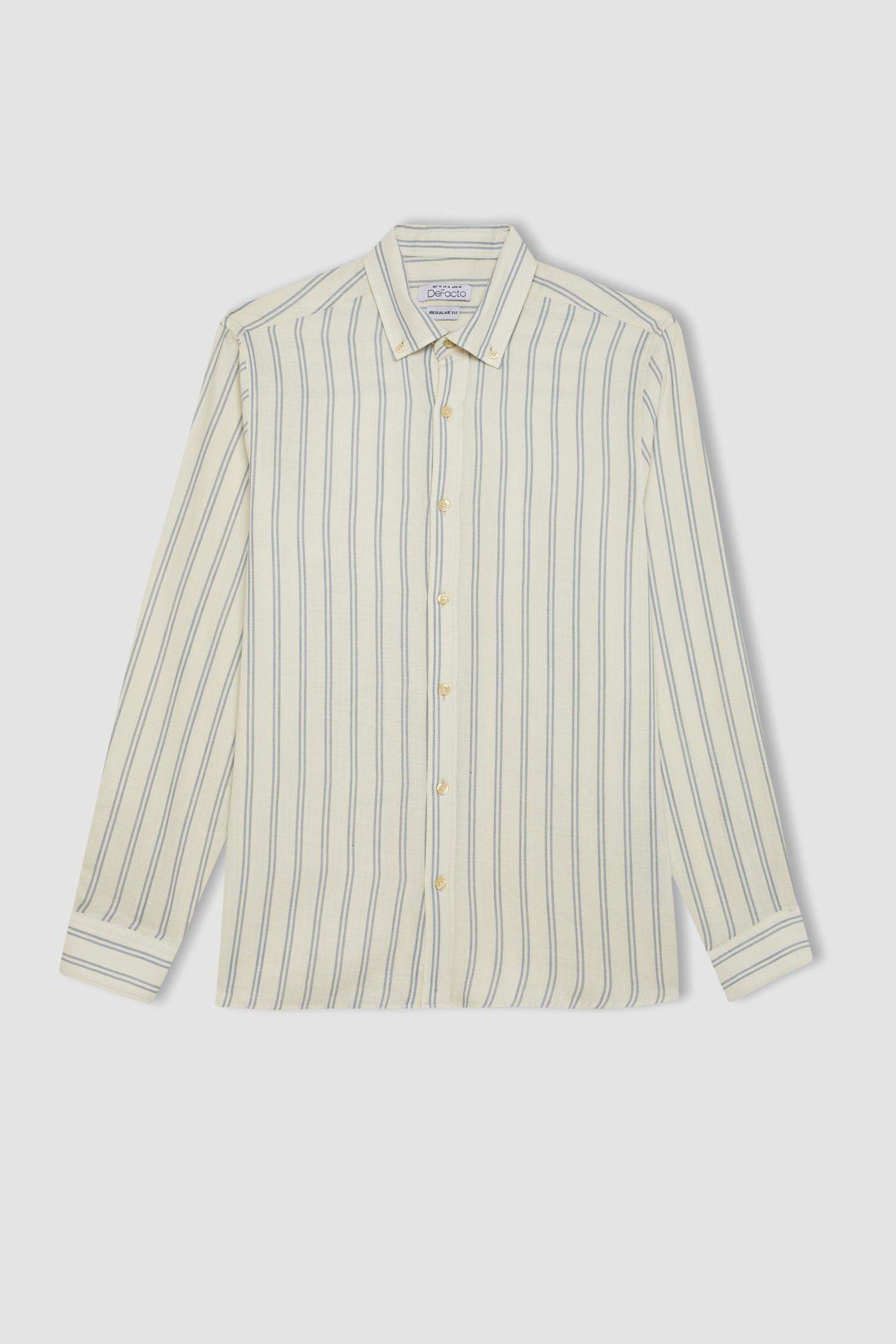 قميص مخطط بيج قطن كم طويل قصة عادية