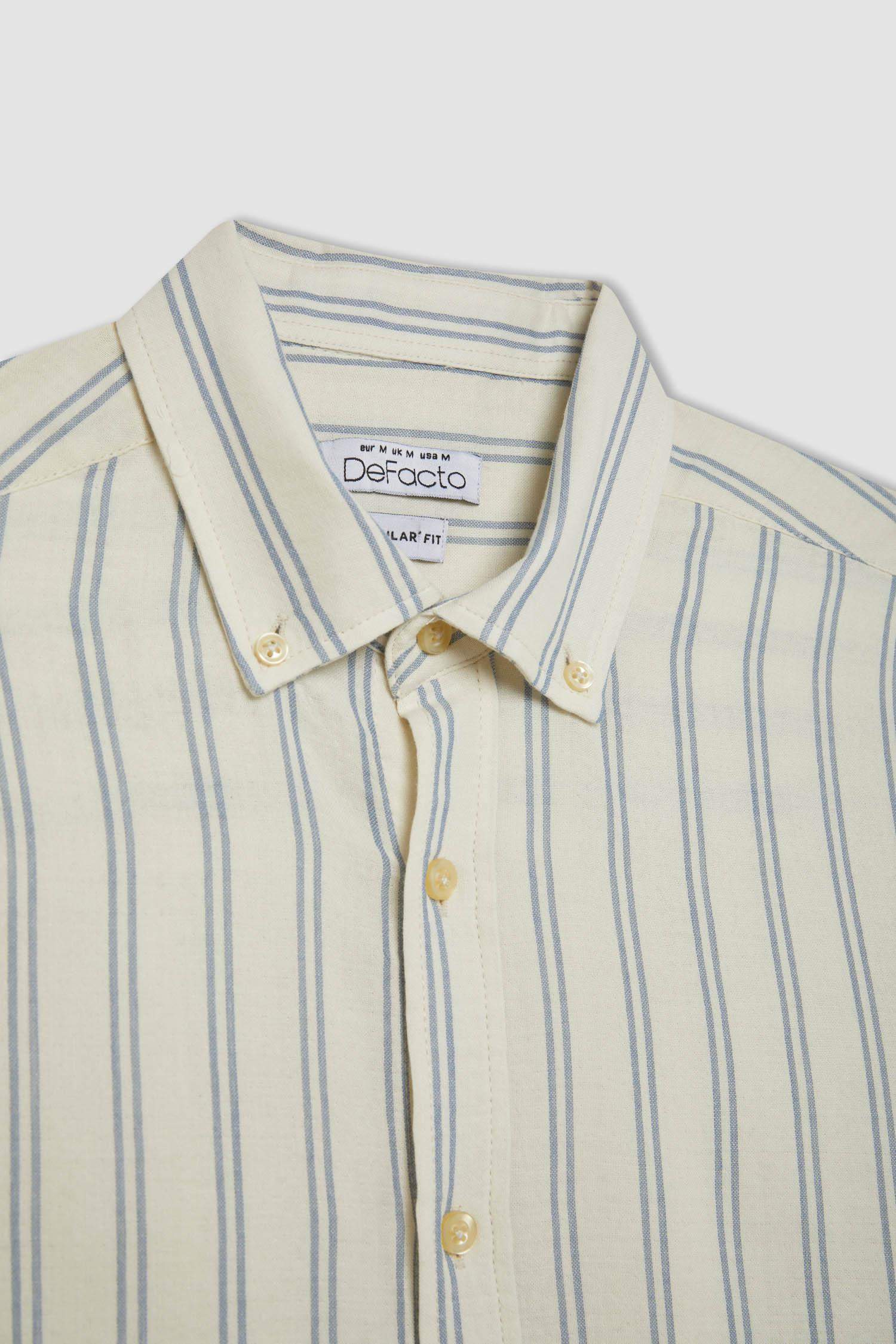 قميص مخطط بيج قطن كم طويل قصة عادية