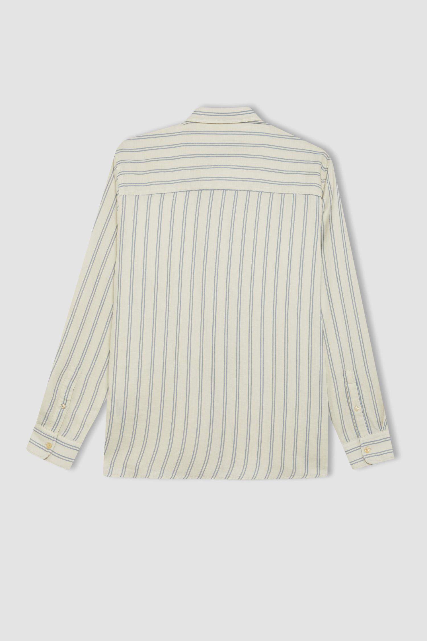 قميص مخطط بيج قطن كم طويل قصة عادية