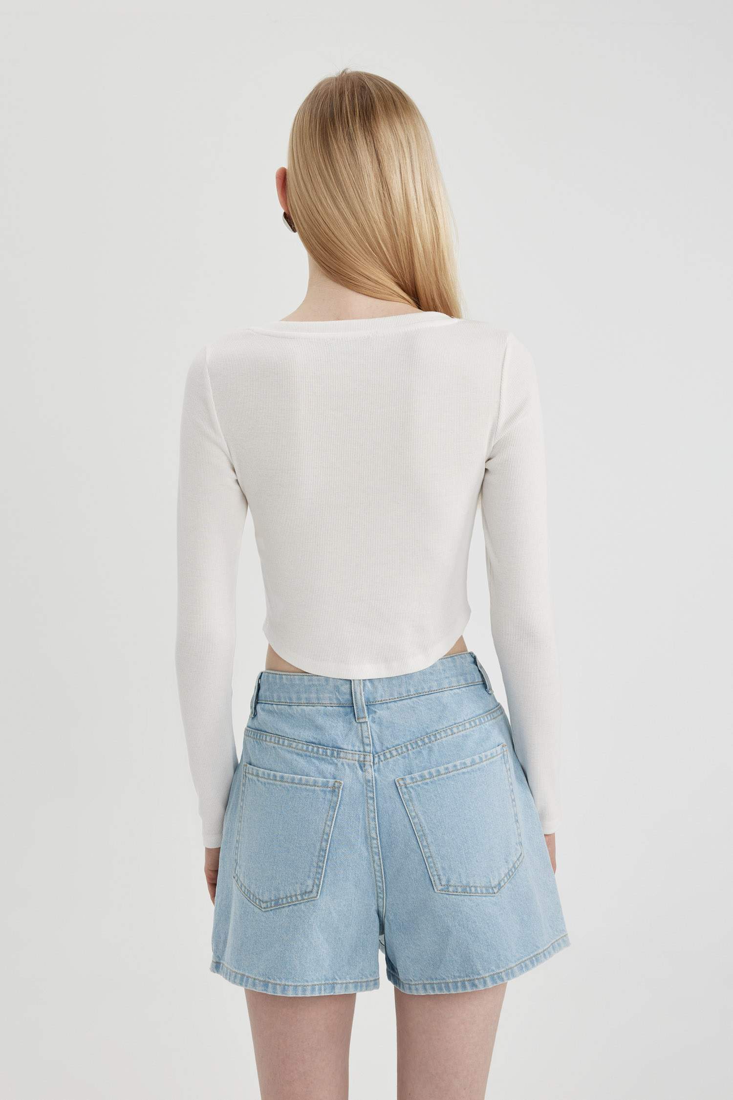 Fitted V Neck Corduroy Crop T-Shirt