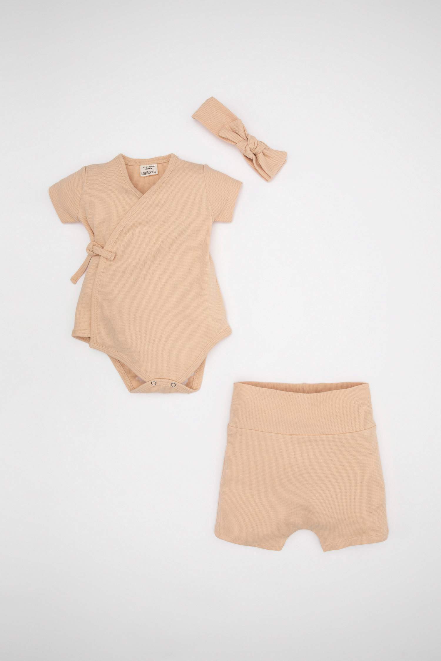 Kız Bebek 3'lü Takım Waffle Çıtçıtlı Kısa Kollu Body Şort Saç Bandı