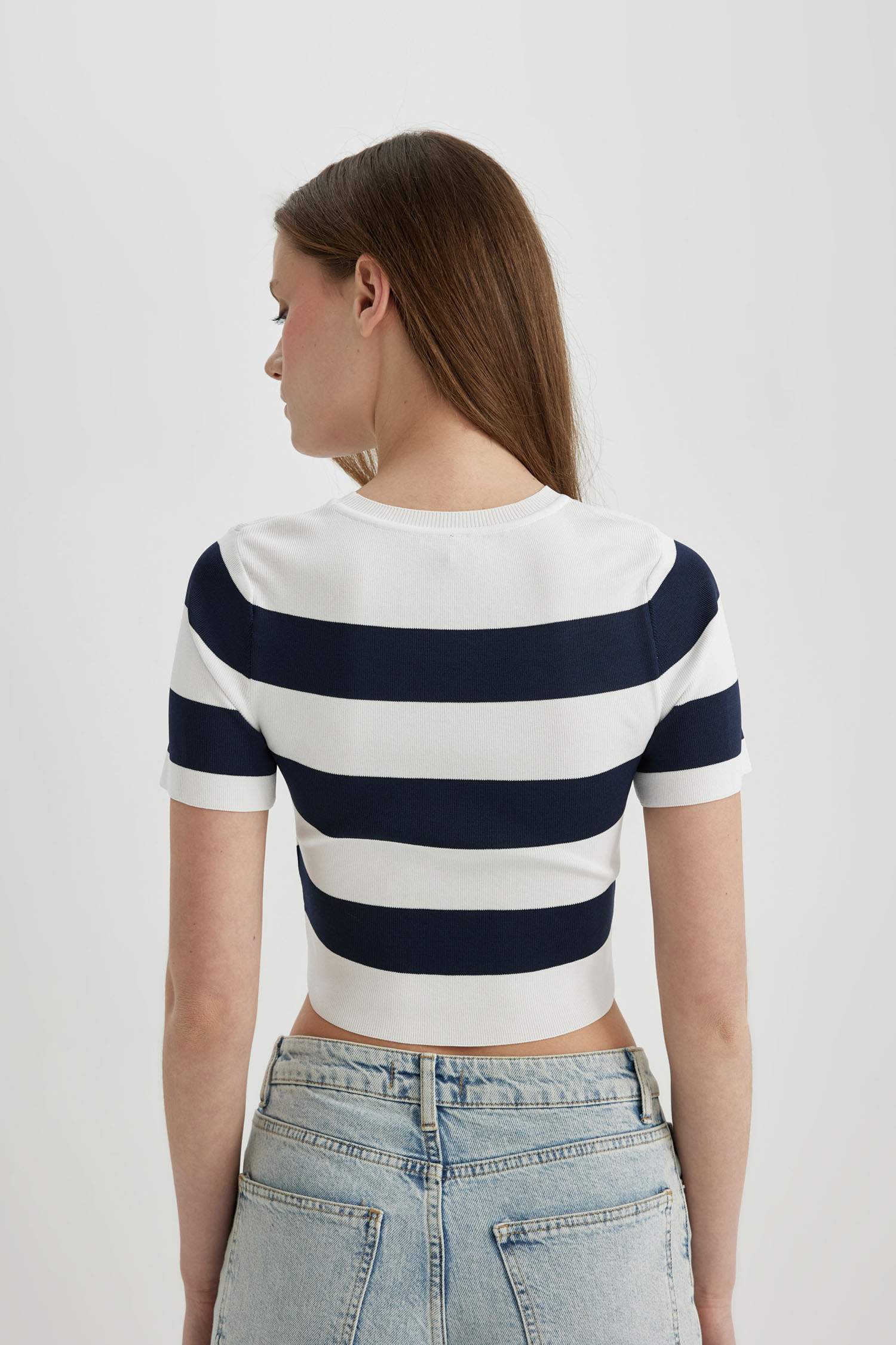 Striped Crew Neck Short Sleeve Knitwear Crop T-Shirt