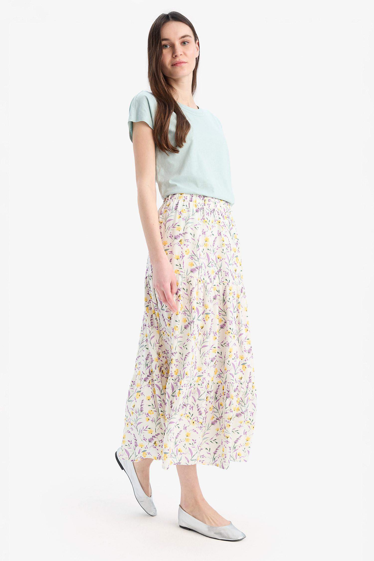 Beli Lastikli Çiçek Desenli Midi Etek