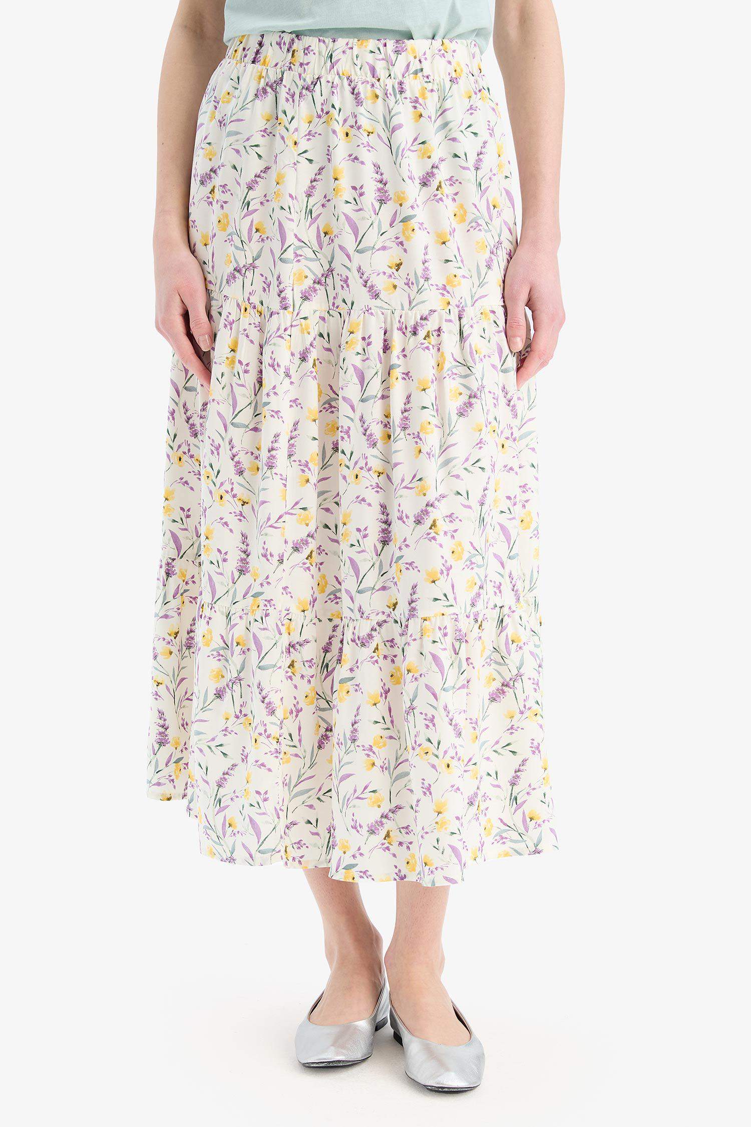 Beli Lastikli Çiçek Desenli Midi Etek