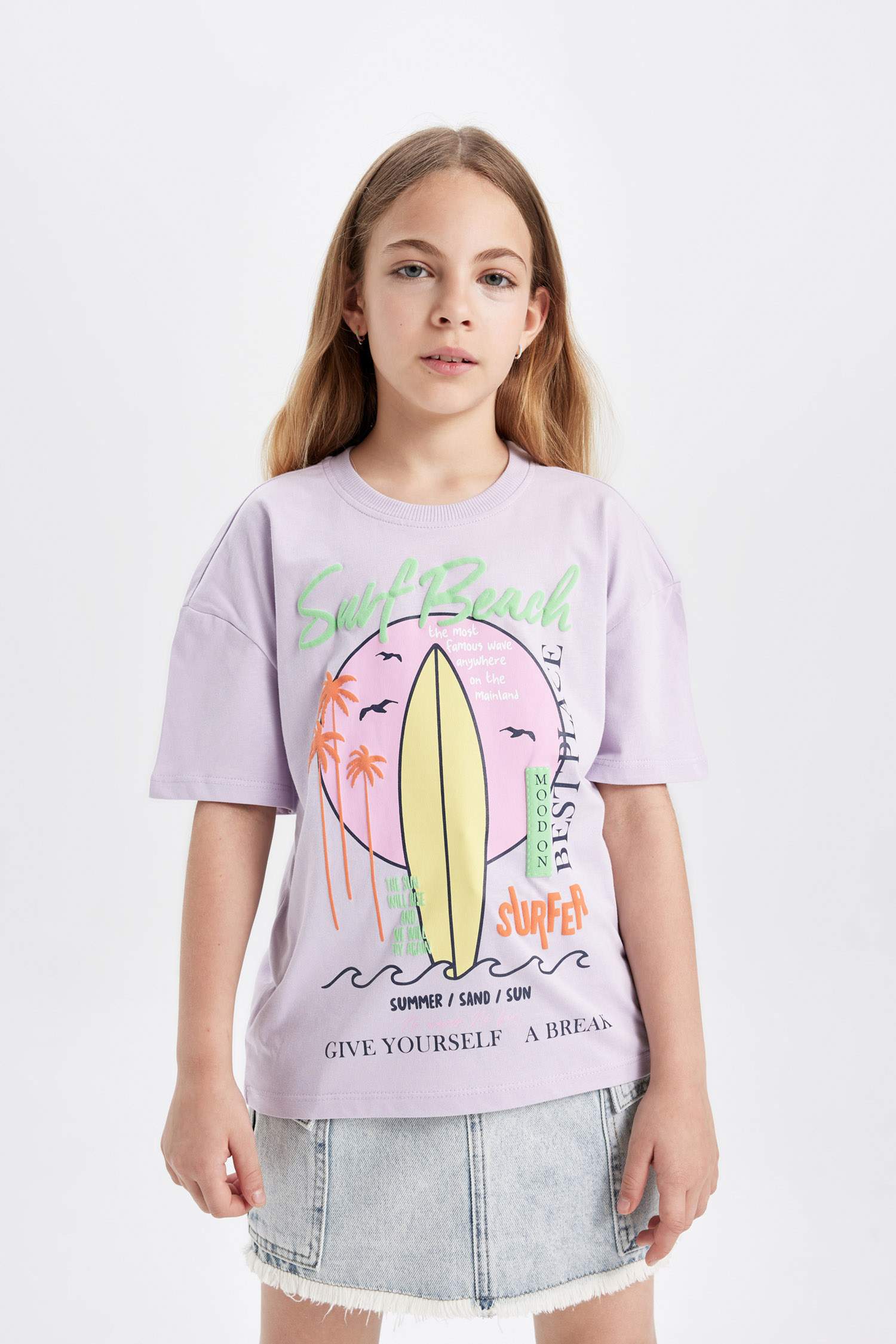 Kız Çocuk Relax Fit Bisiklet Yaka Baskılı Kısa Kollu Tişört