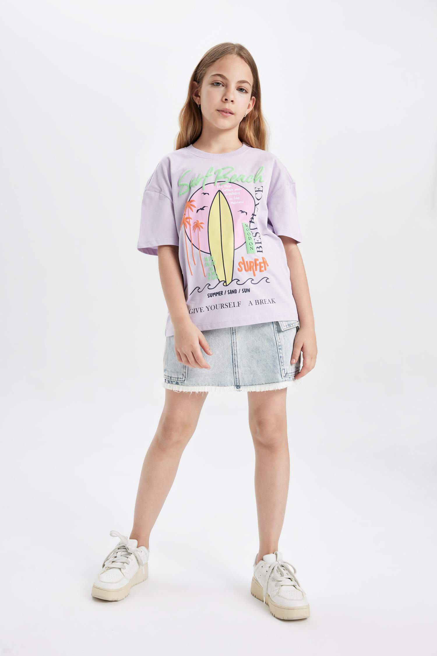 Kız Çocuk Relax Fit Bisiklet Yaka Baskılı Kısa Kollu Tişört