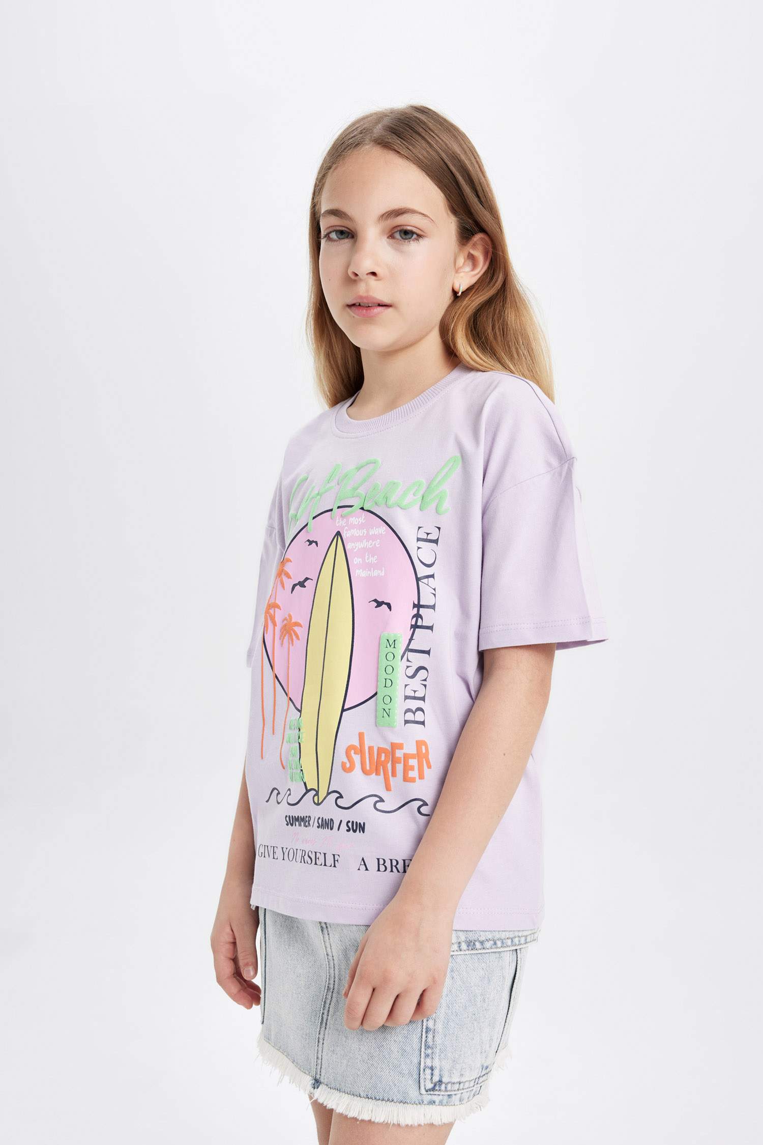 Kız Çocuk Relax Fit Bisiklet Yaka Baskılı Kısa Kollu Tişört