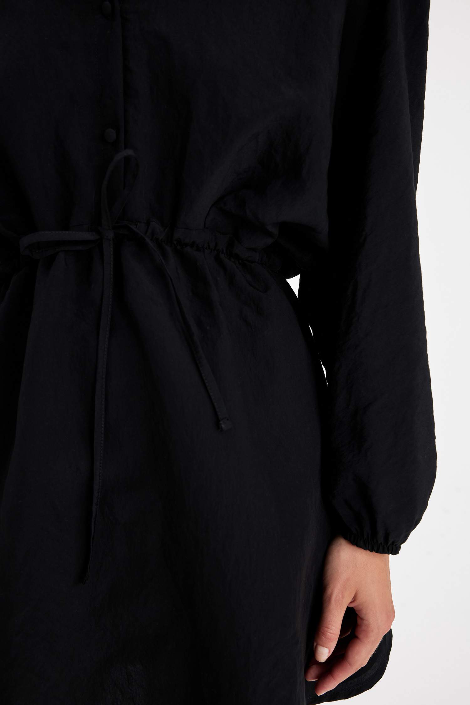 Shirt Collar Waist Gathered Lace Basic Mini Black Dress