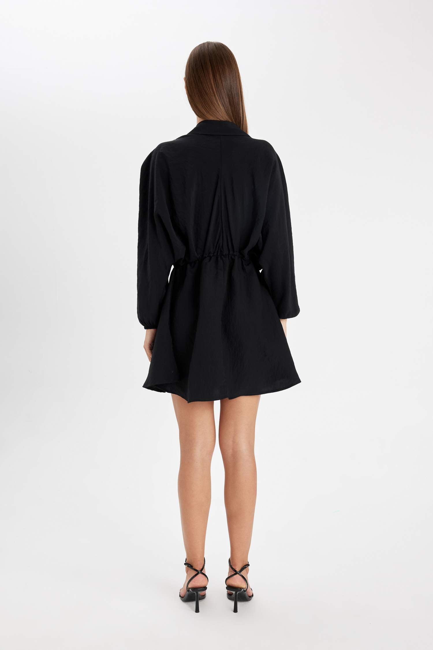 Shirt Collar Waist Gathered Lace Basic Mini Black Dress