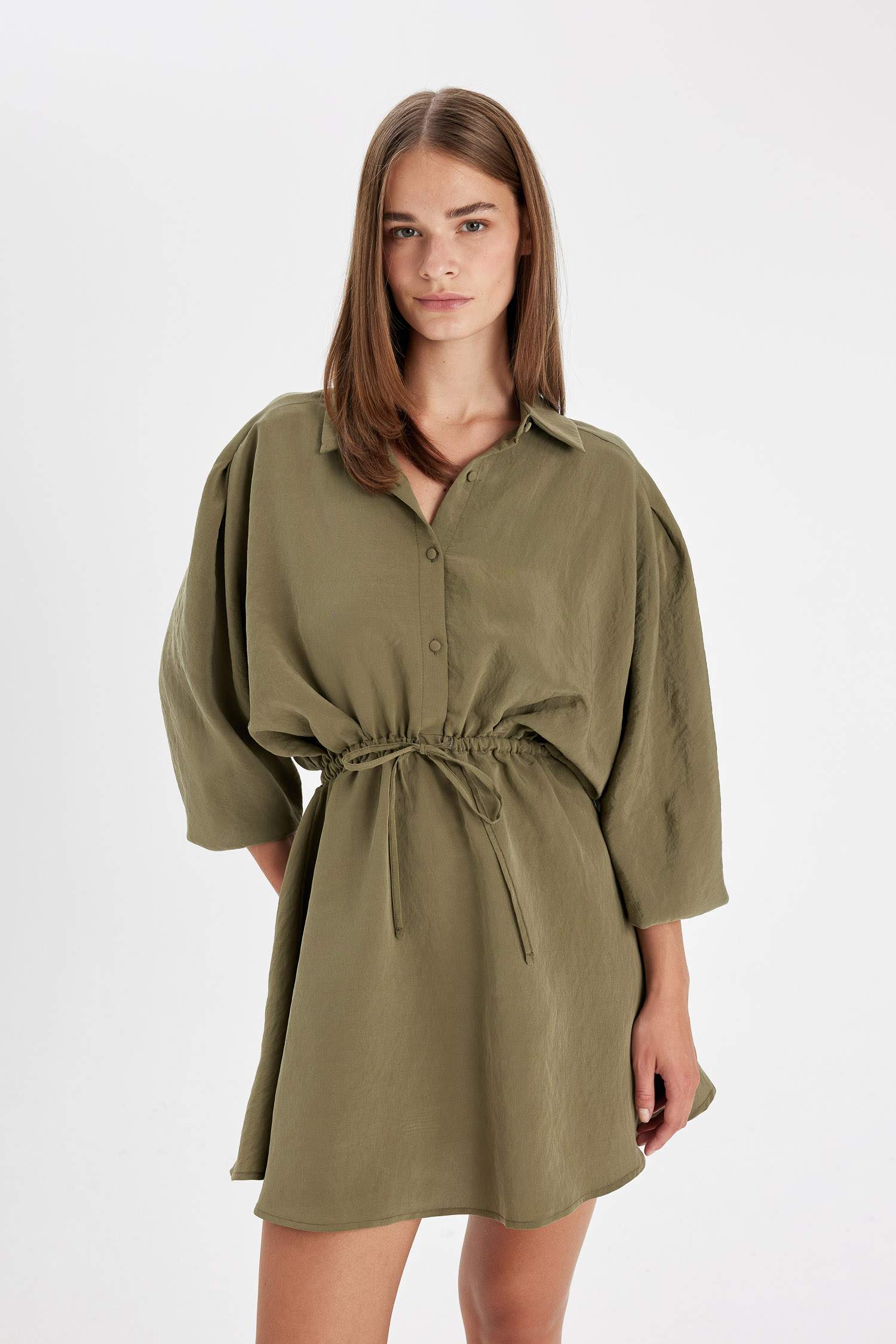 Shirt Collar Waist Gathered Lace Basic Mini Dress