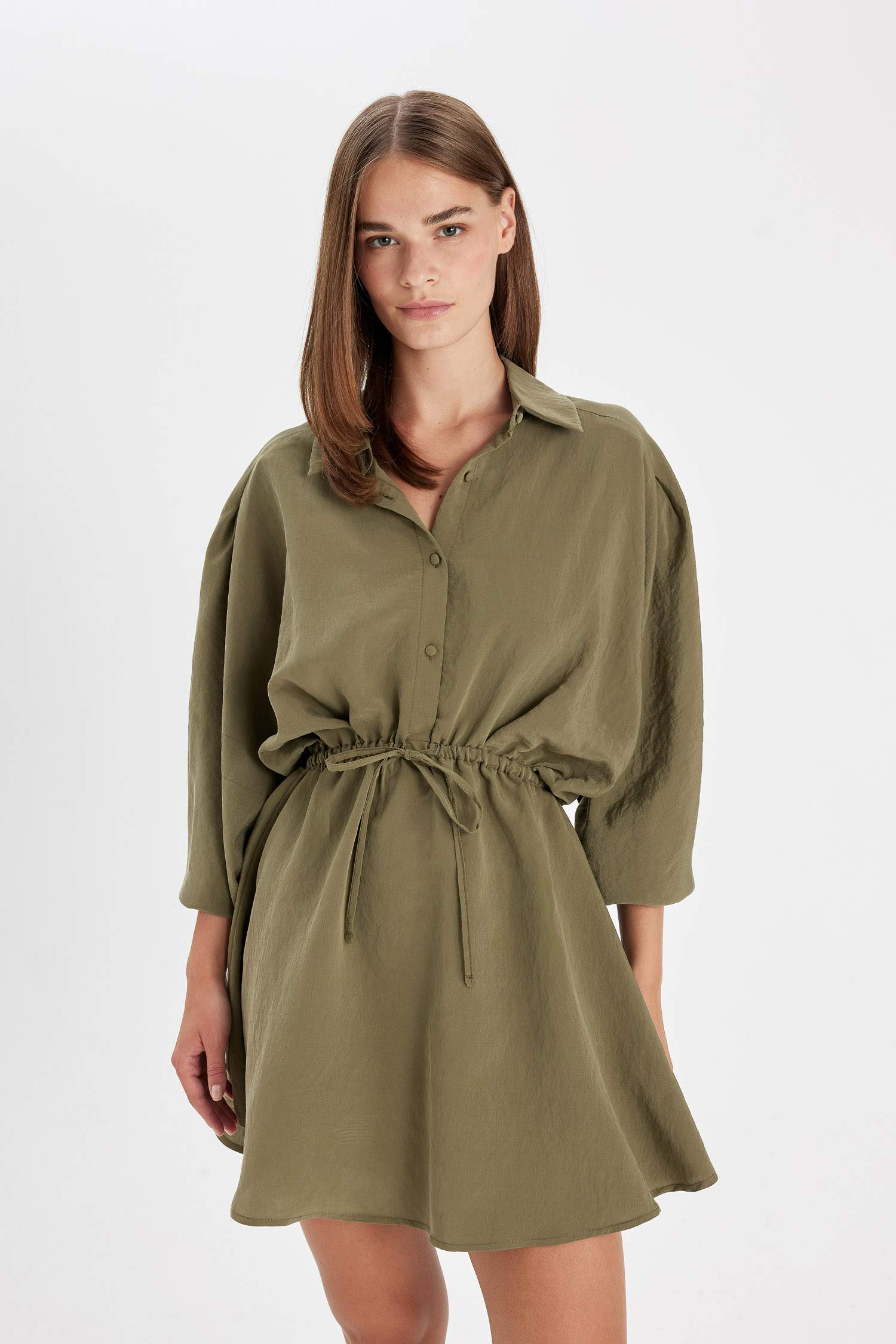 Shirt Collar Waist Gathered Lace Basic Mini Dress