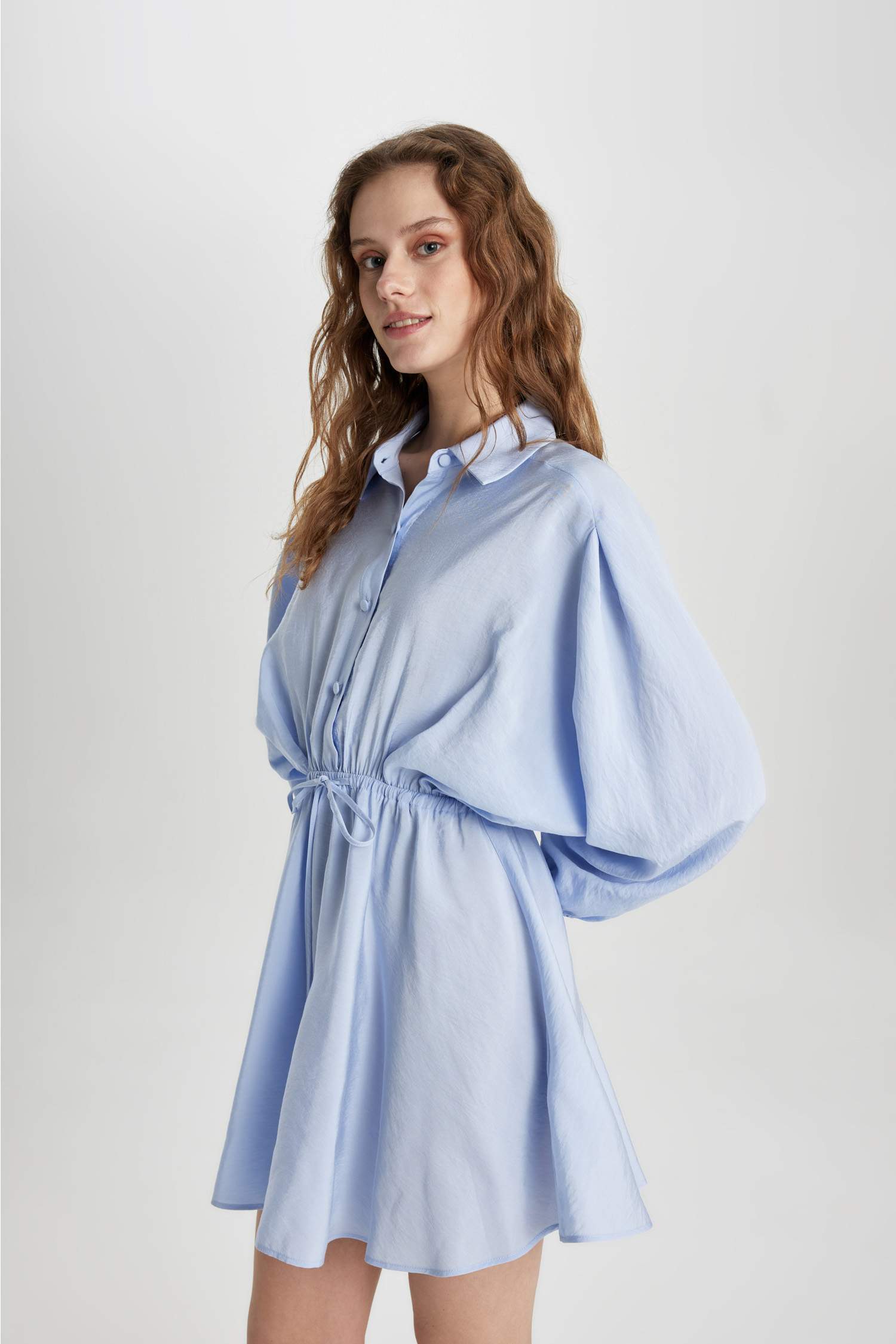 Shirt Collar Waist Gathered Lace Basic Mini Dress