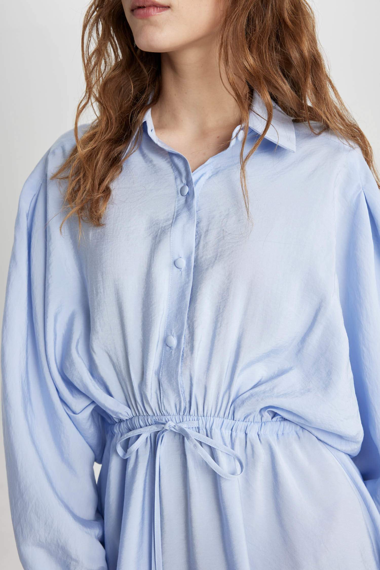 Shirt Collar Waist Gathered Lace Basic Mini Dress