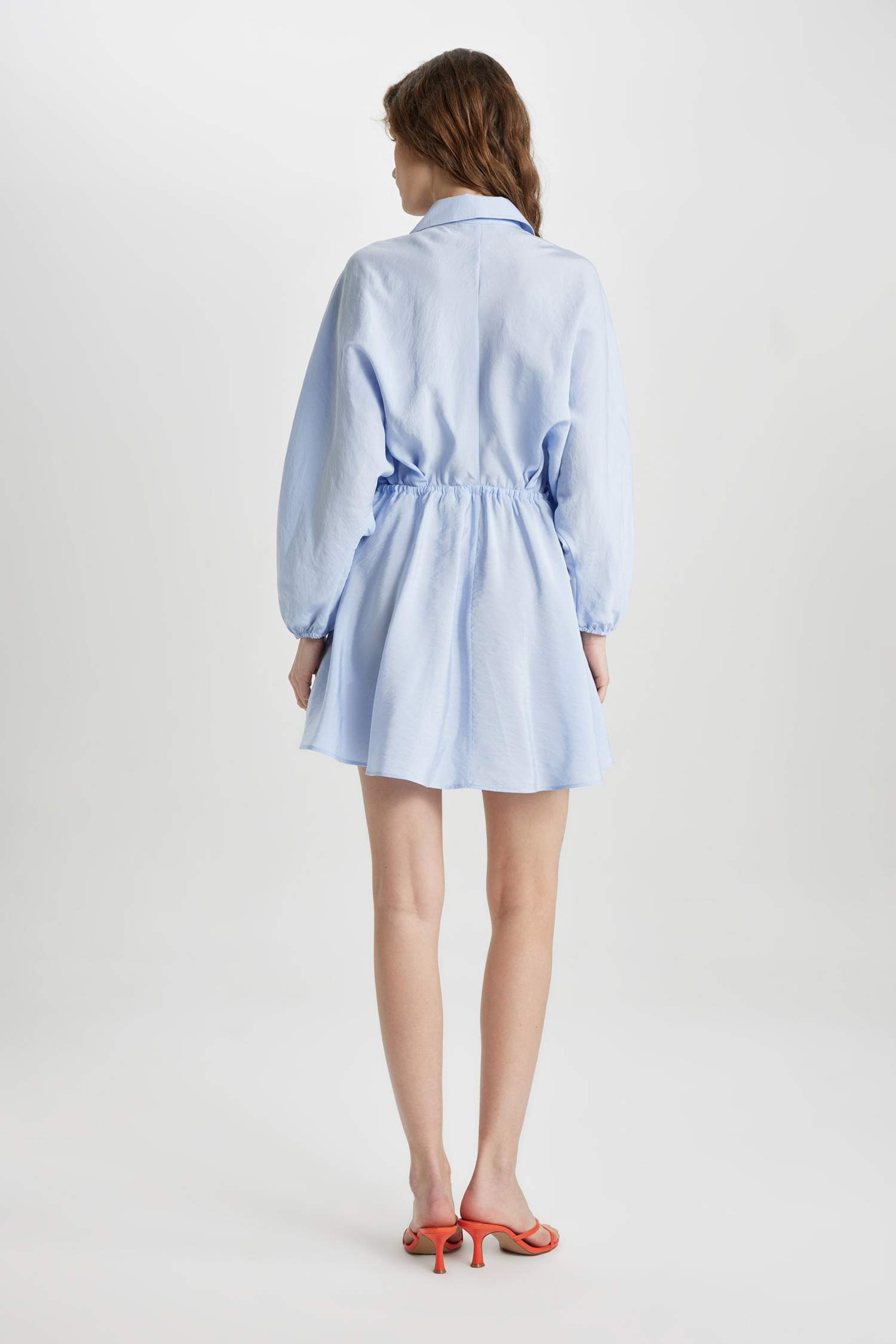 Shirt Collar Waist Gathered Lace Basic Mini Dress