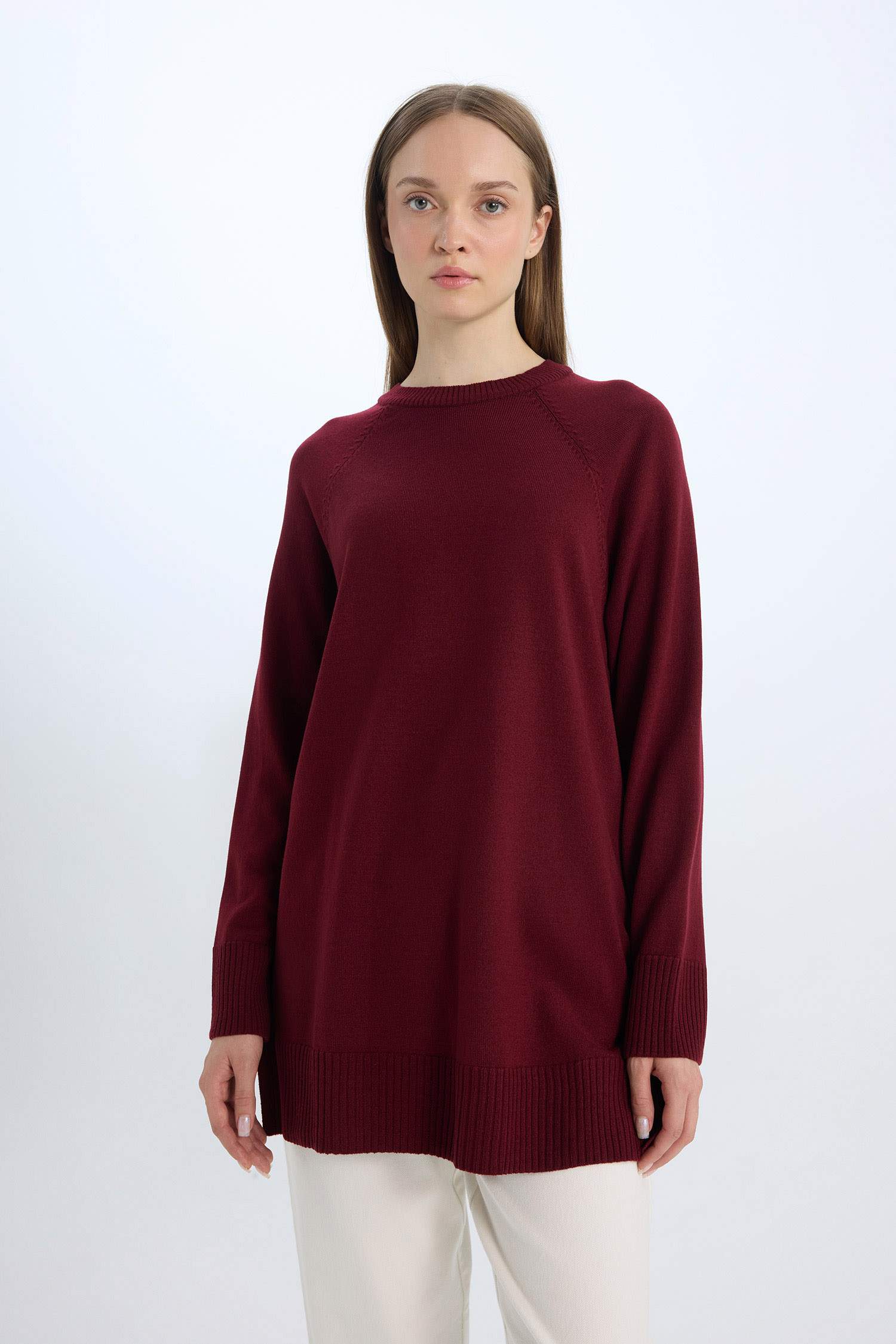 Regular Fit Bisiklet Yaka Basic Düz Triko Bordo Kazak Tunik	
