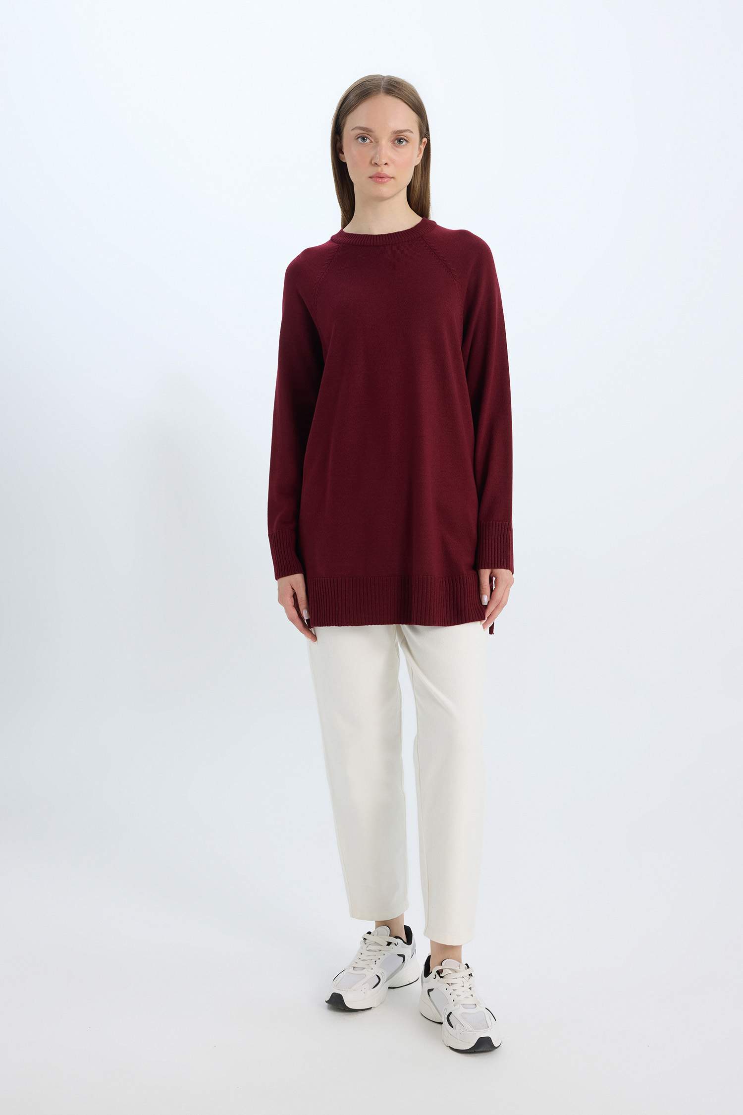 Regular Fit Bisiklet Yaka Basic Düz Triko Bordo Kazak Tunik	