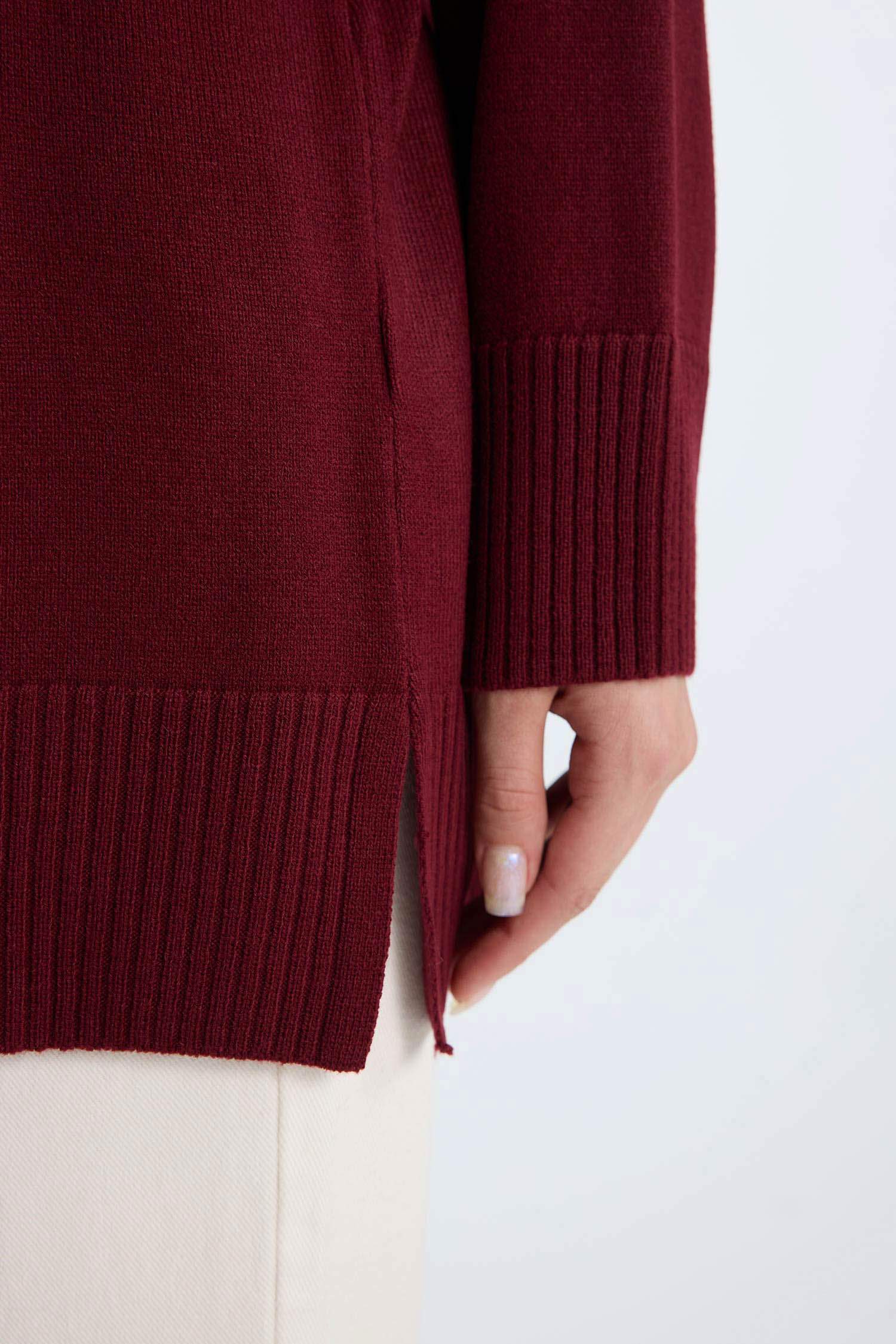 Regular Fit Bisiklet Yaka Basic Düz Triko Bordo Kazak Tunik	