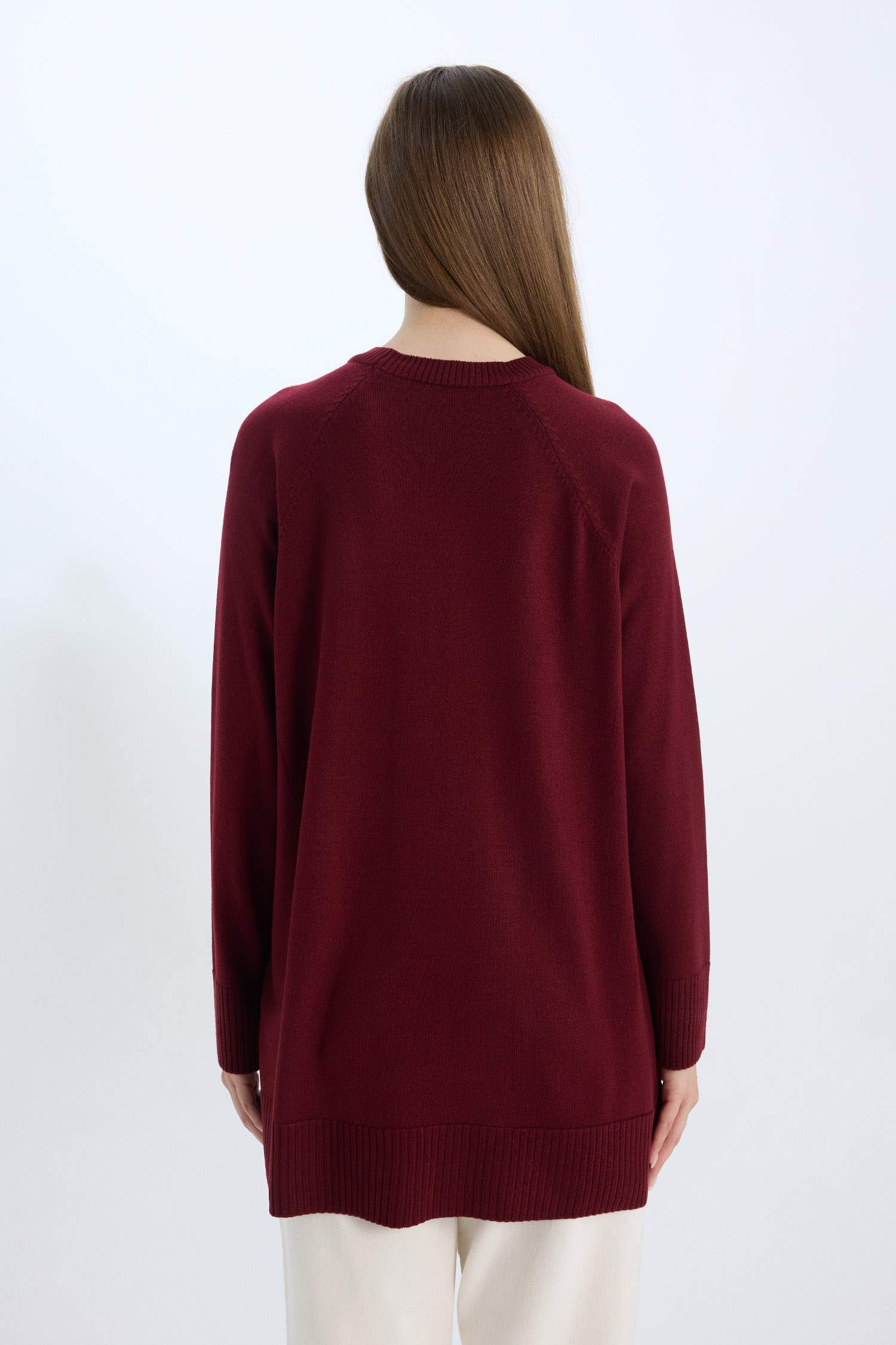 Regular Fit Bisiklet Yaka Basic Düz Triko Bordo Kazak Tunik	