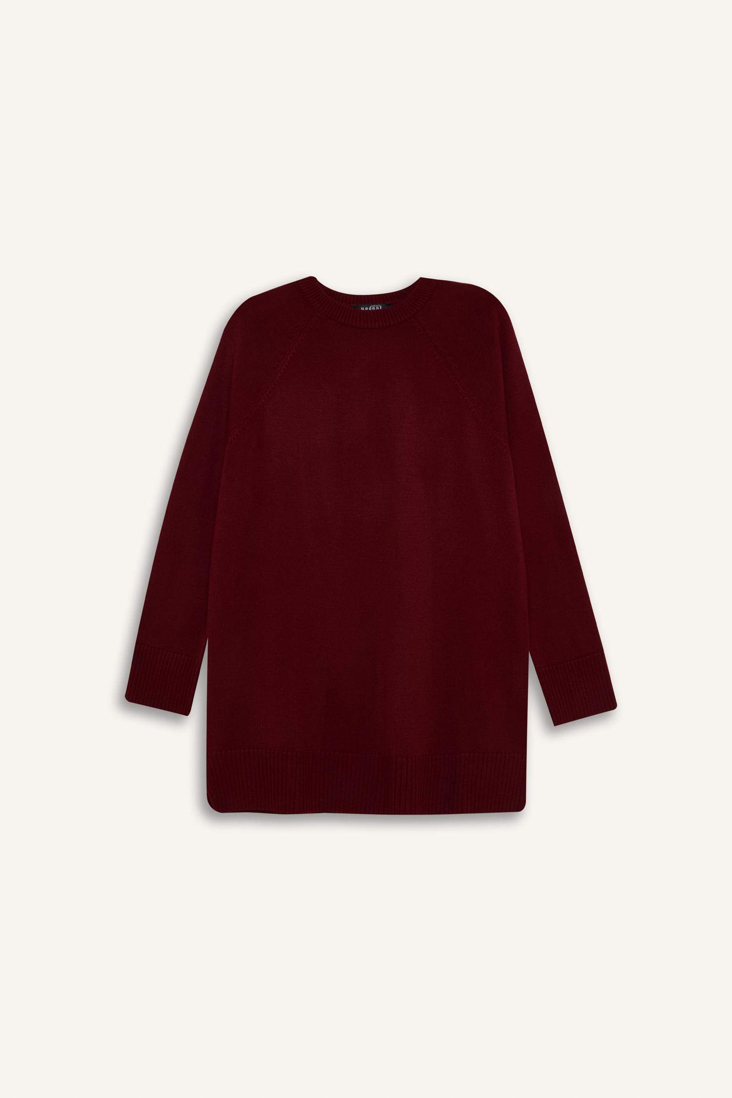 Regular Fit Bisiklet Yaka Basic Düz Triko Bordo Kazak Tunik	