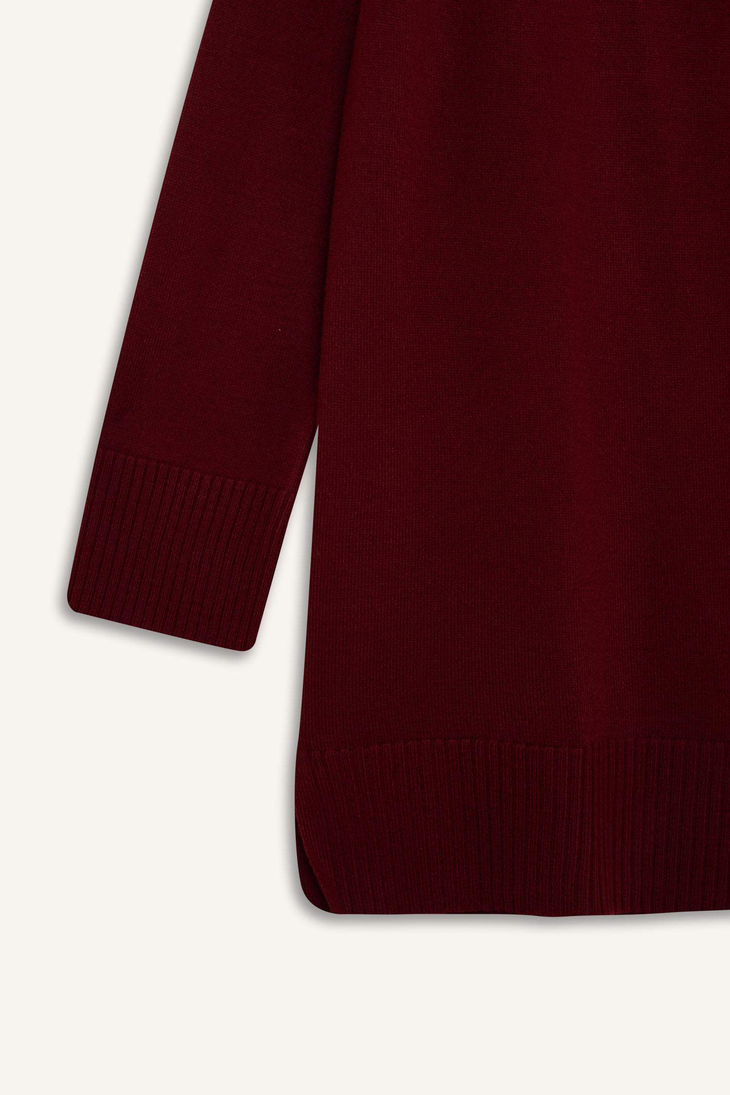 Regular Fit Bisiklet Yaka Basic Düz Triko Bordo Kazak Tunik	