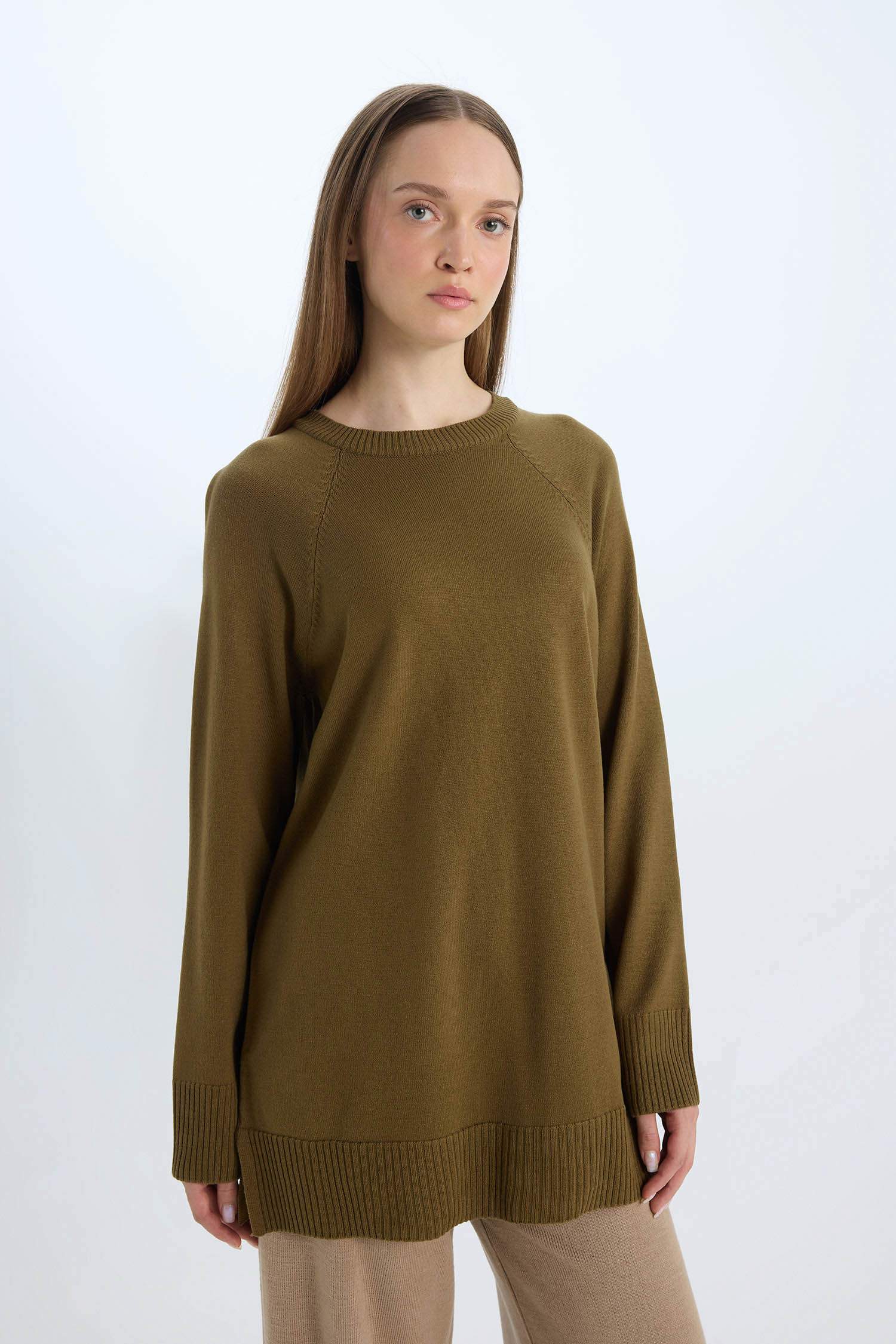Regular Fit Bisiklet Yaka Basic Düz Triko Kazak Tunik