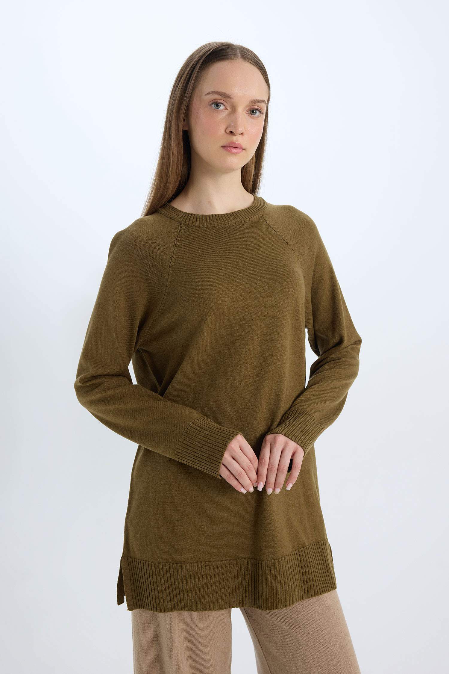 Regular Fit Bisiklet Yaka Basic Düz Triko Kazak Tunik