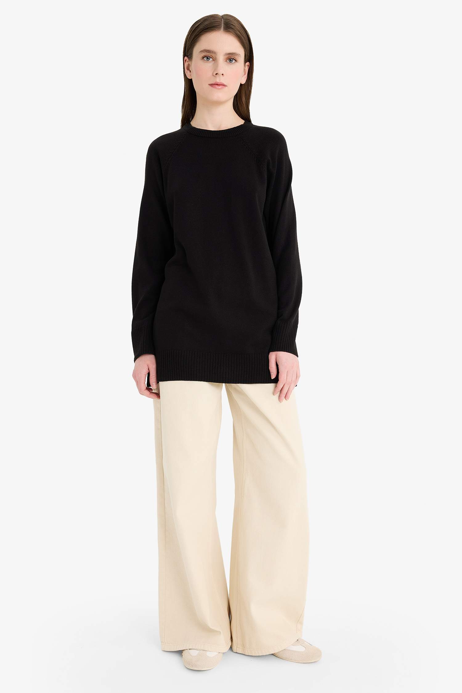 Regular Fit Bisiklet Yaka Basic Düz Triko Kazak Tunik