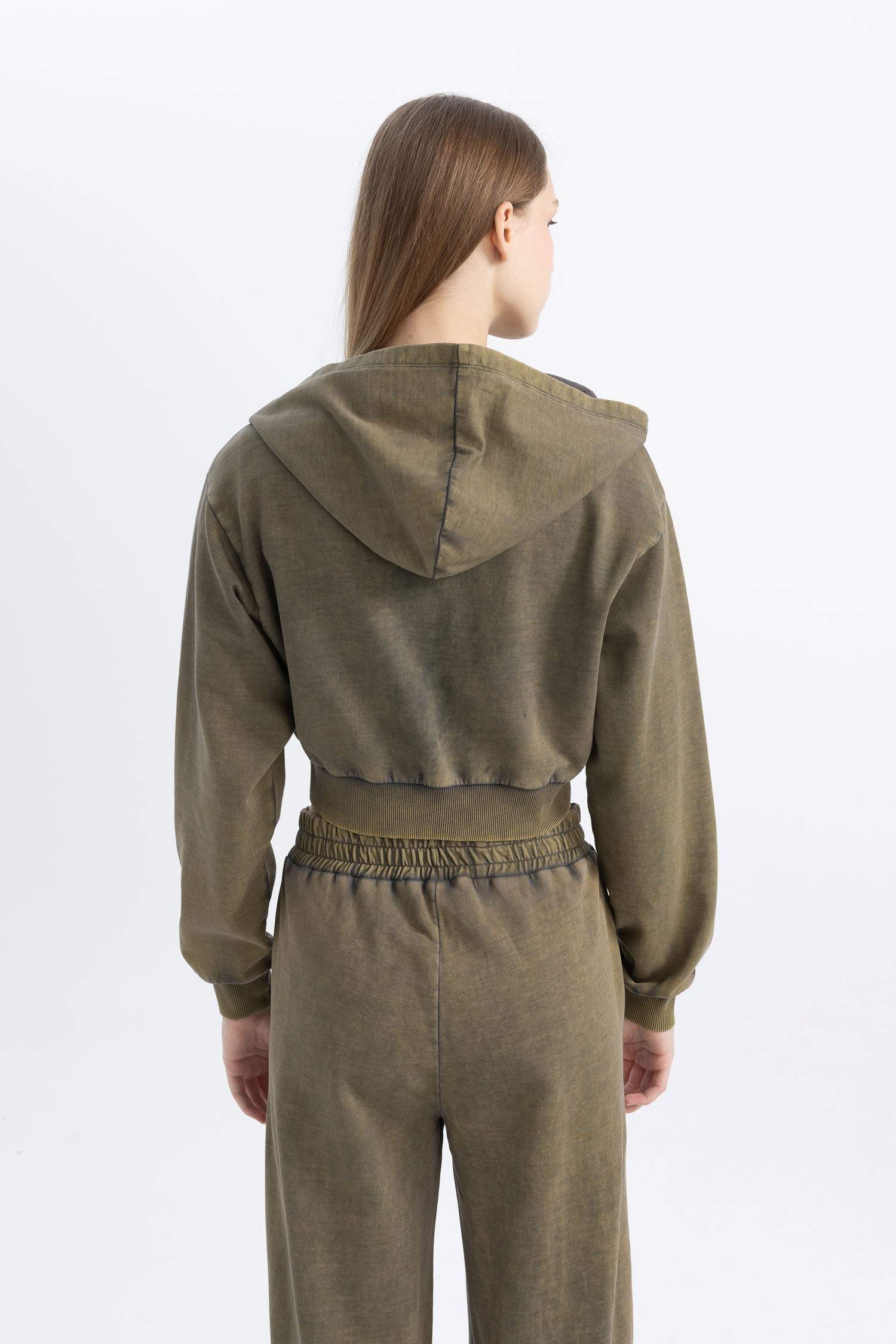 Crop Washed Faded Effect Printed Thick Fabric Cardigan