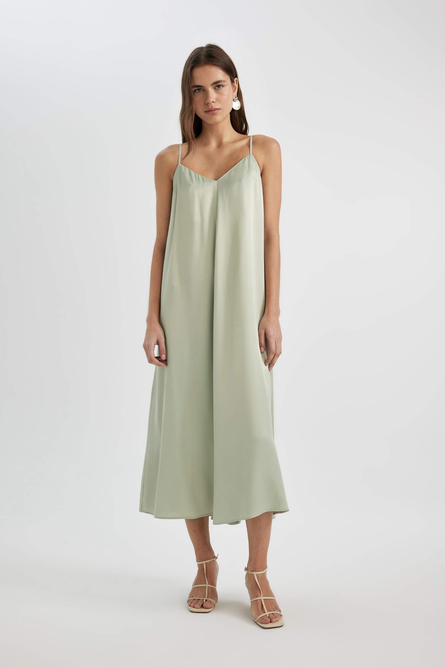A-Line V-Neck Satin Strap Midi Dress