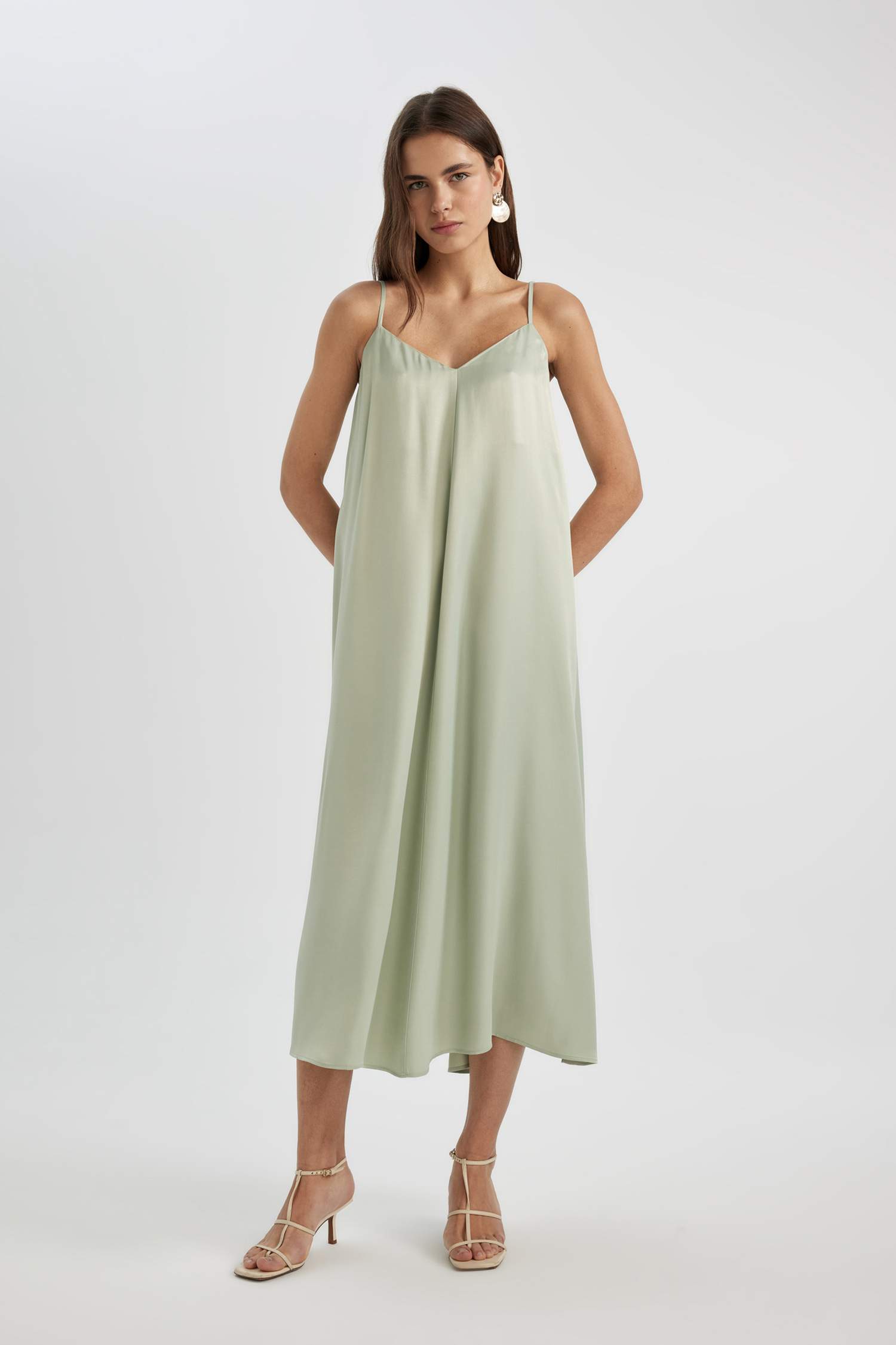 A-Line V-Neck Satin Strap Midi Dress