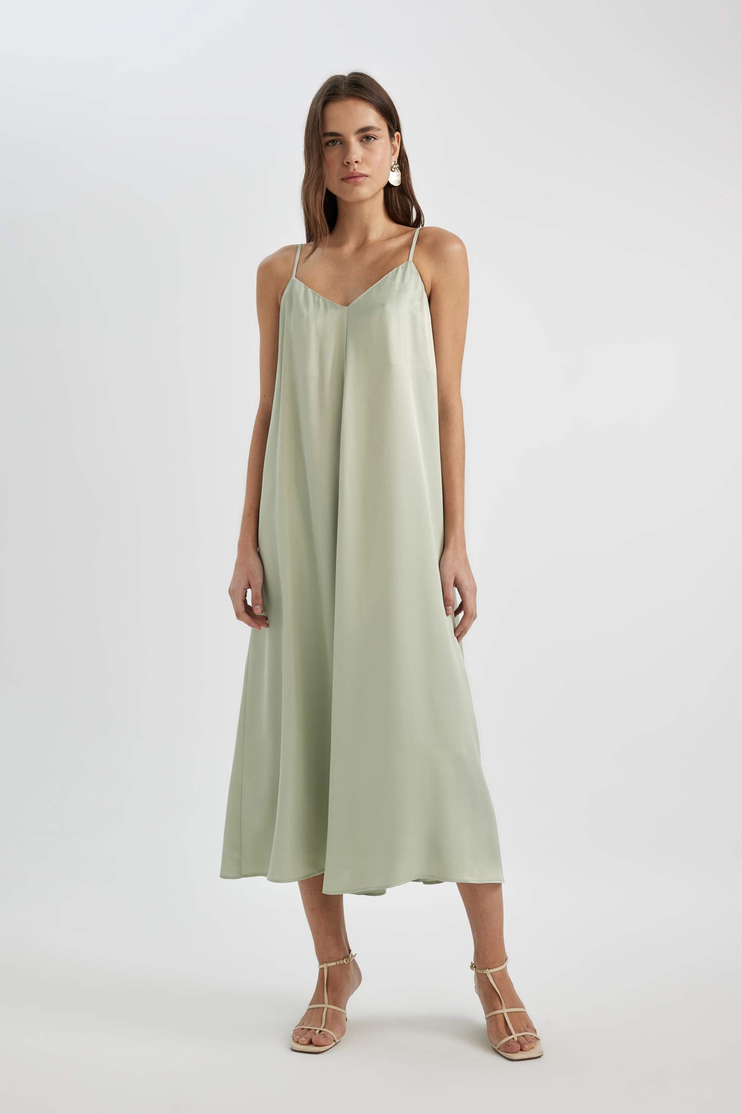 A-Line V-Neck Satin Strap Midi Dress