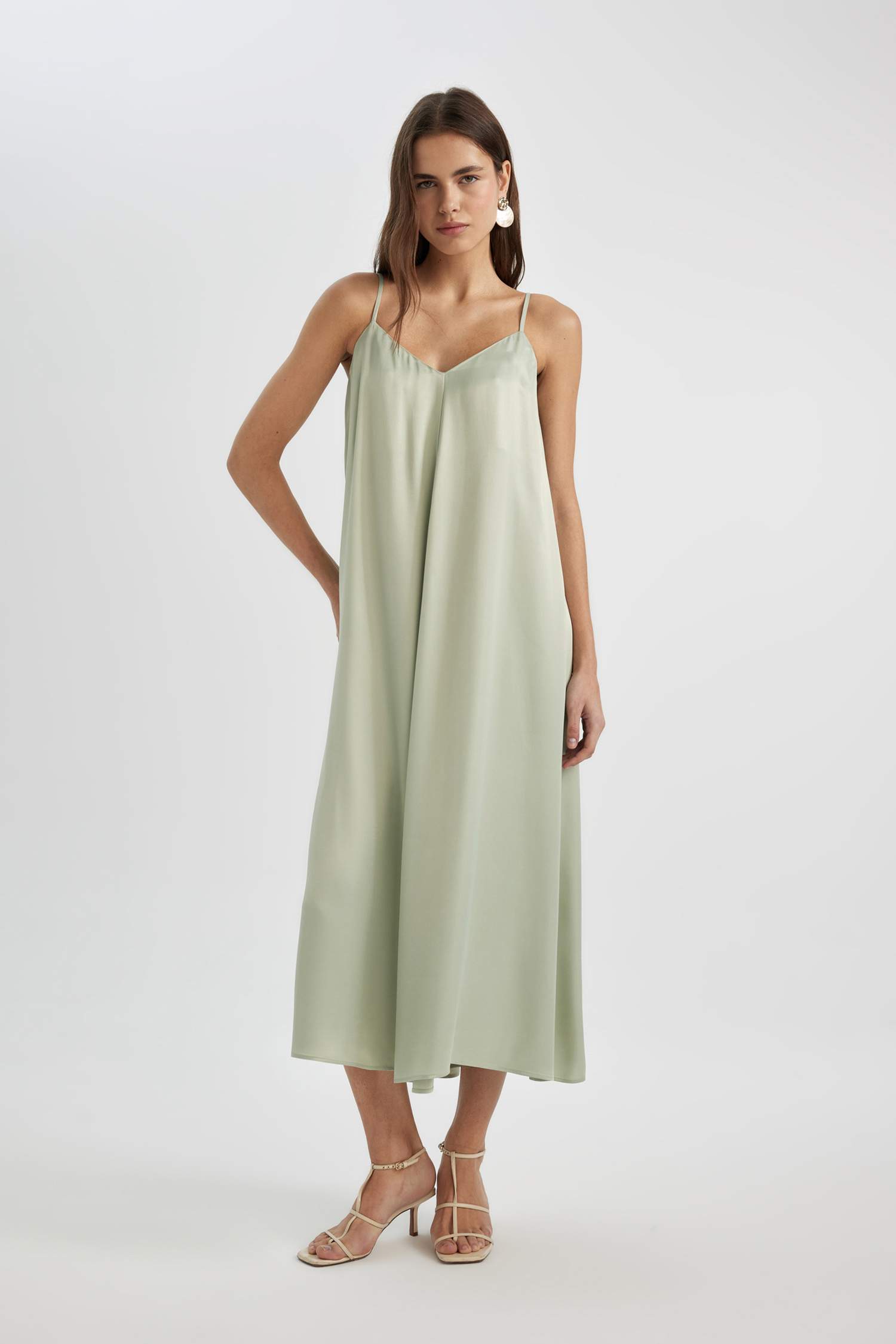 A-Line V-Neck Satin Strap Midi Dress