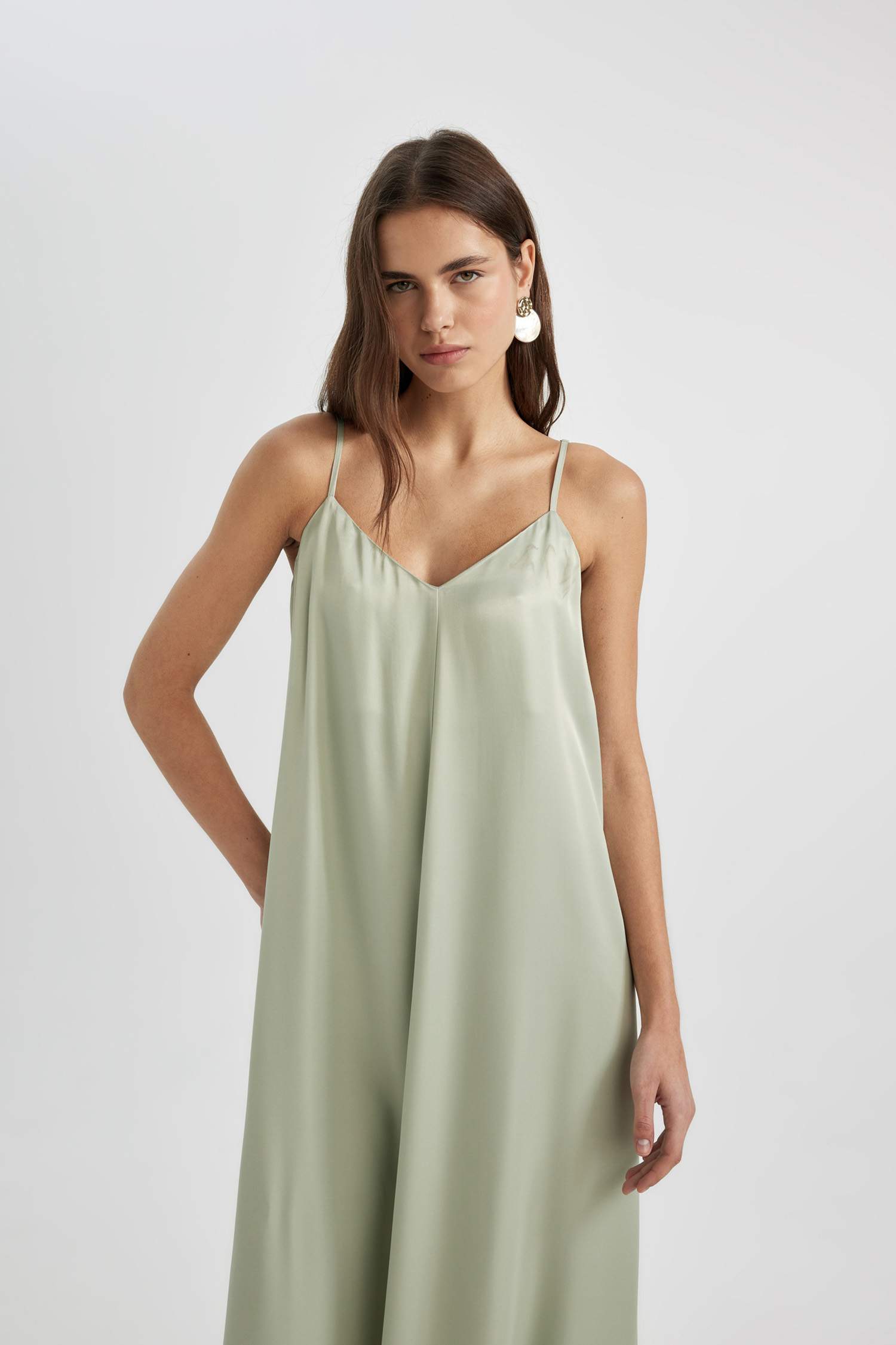 A-Line V-Neck Satin Strap Midi Dress