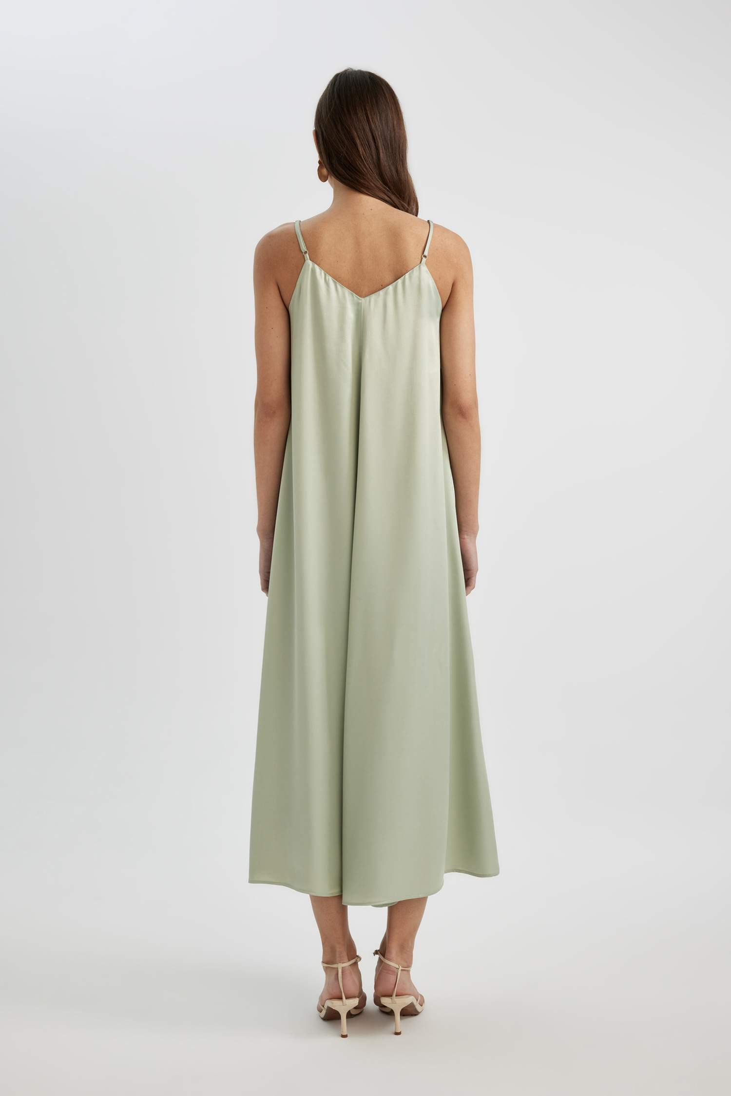 A-Line V-Neck Satin Strap Midi Dress