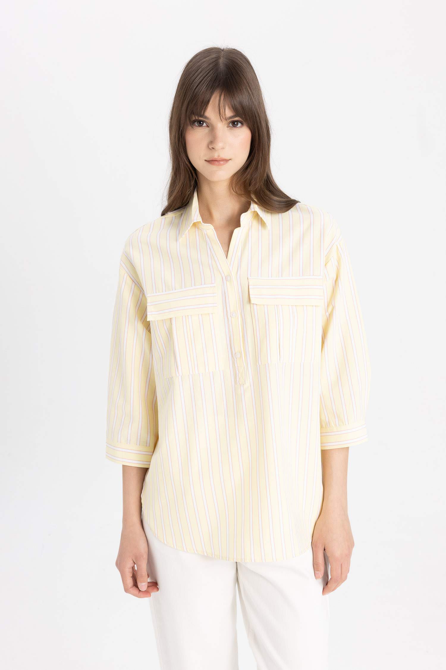 تونيك مخطط بوبلين قصة مريحة وكم طويل