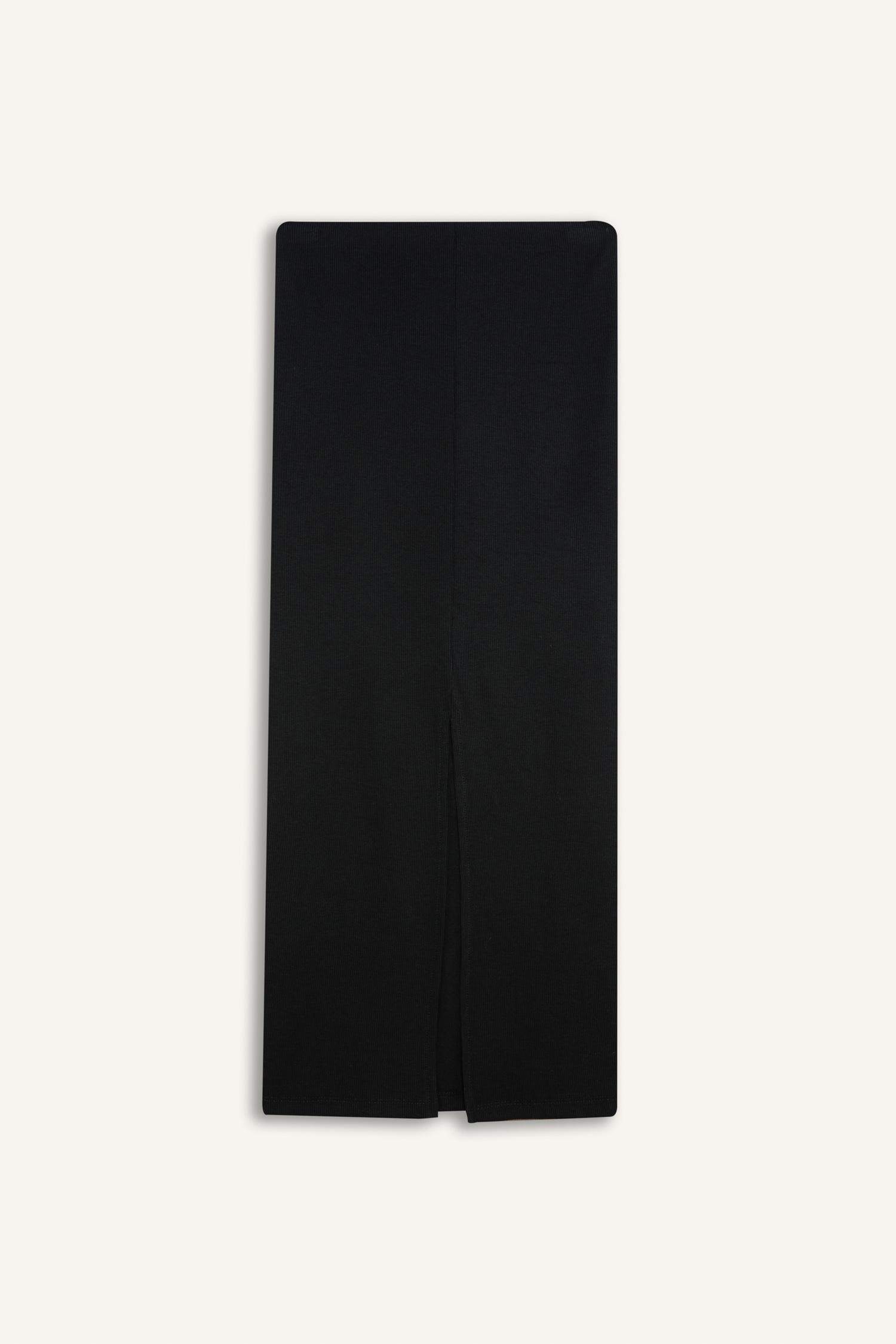 Yüksek Bel Fitilli Kaşkorse Basic Düz Maxi Siyah Kalem Etek