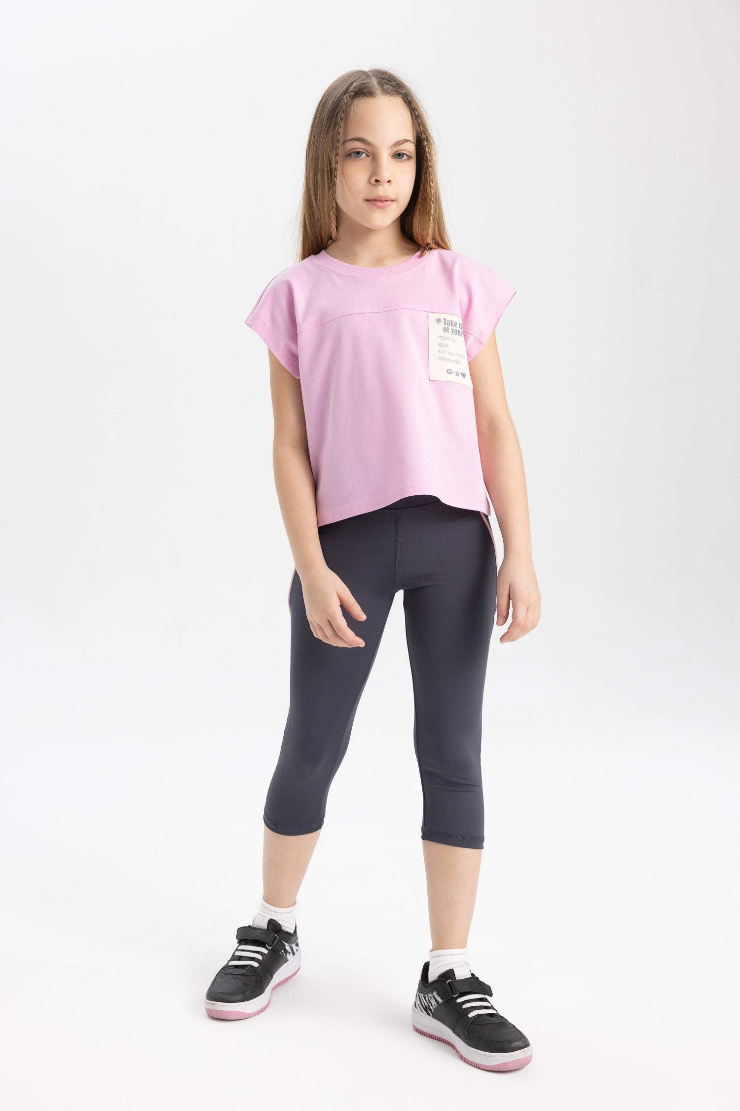 Boxy Fit Bisiklet Yaka Baskılı Kısa Kollu Tişört Kız Çocuk