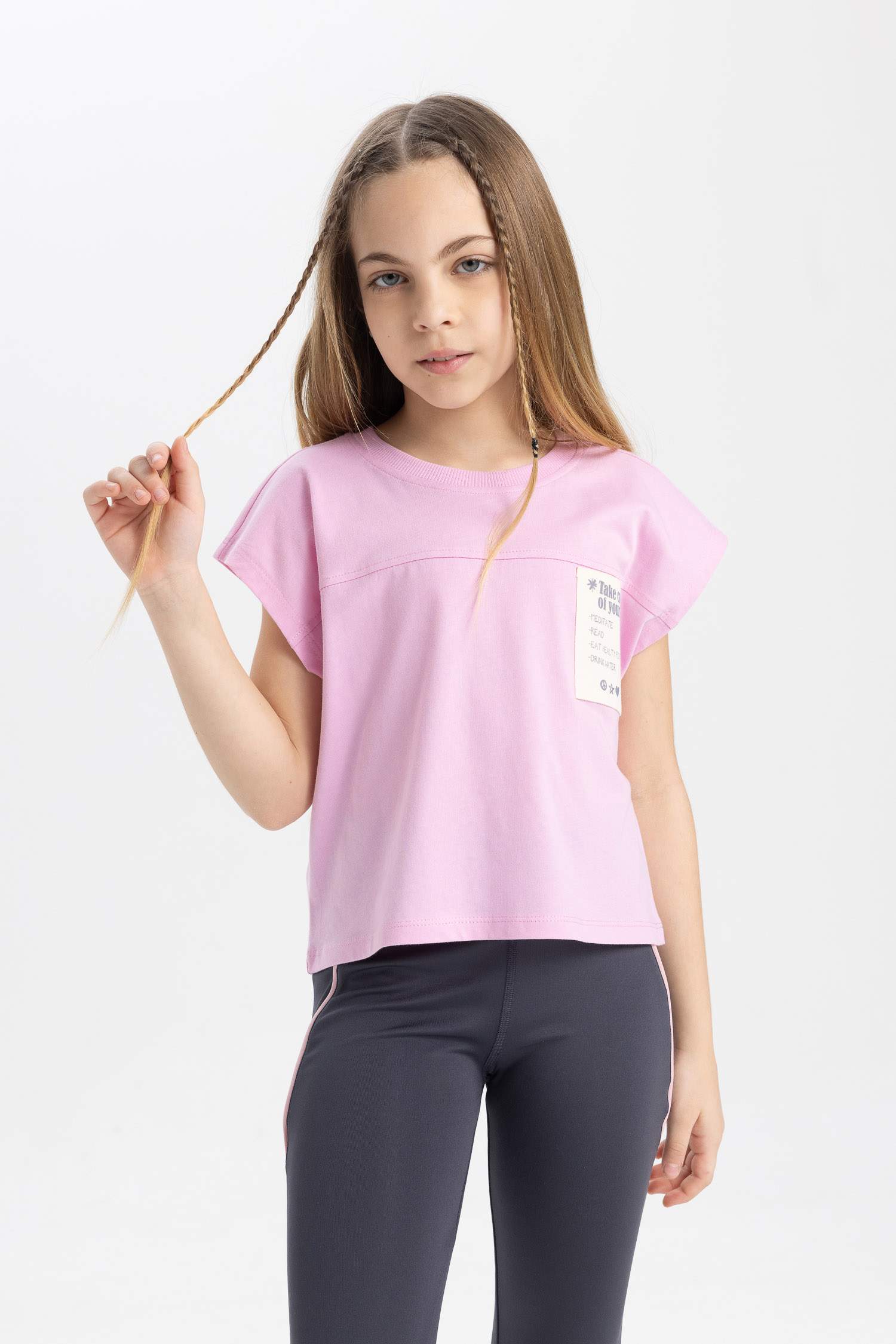 Boxy Fit Bisiklet Yaka Baskılı Kısa Kollu Tişört Kız Çocuk