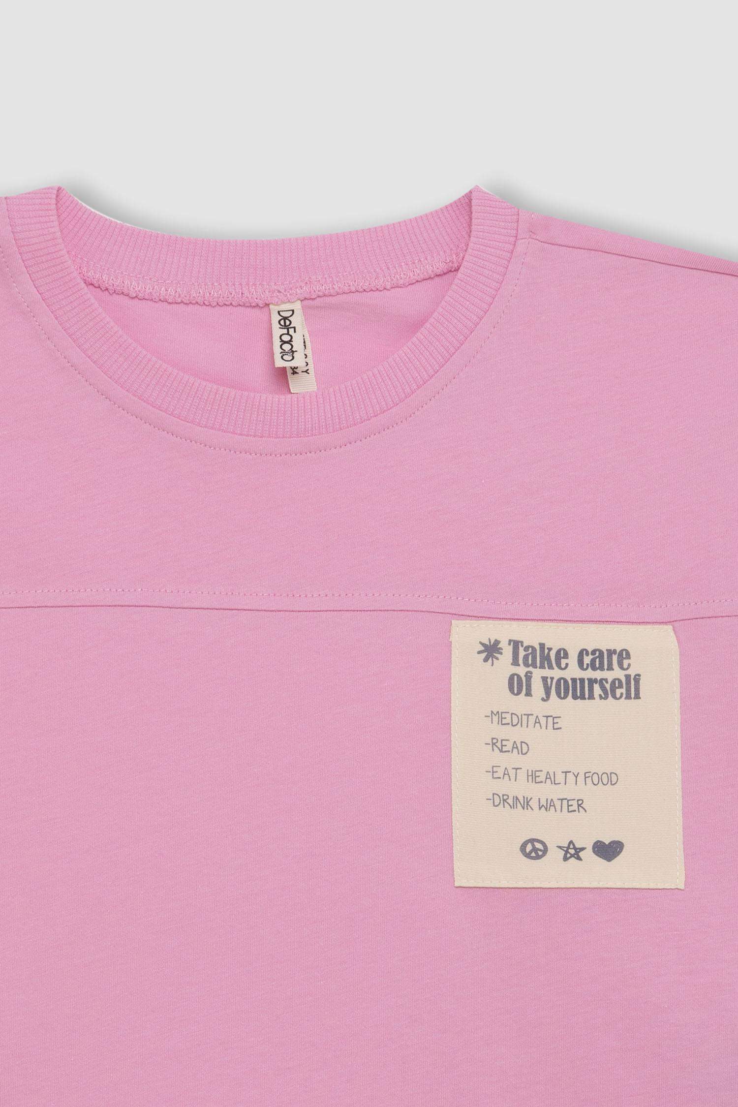 Boxy Fit Bisiklet Yaka Baskılı Kısa Kollu Tişört Kız Çocuk