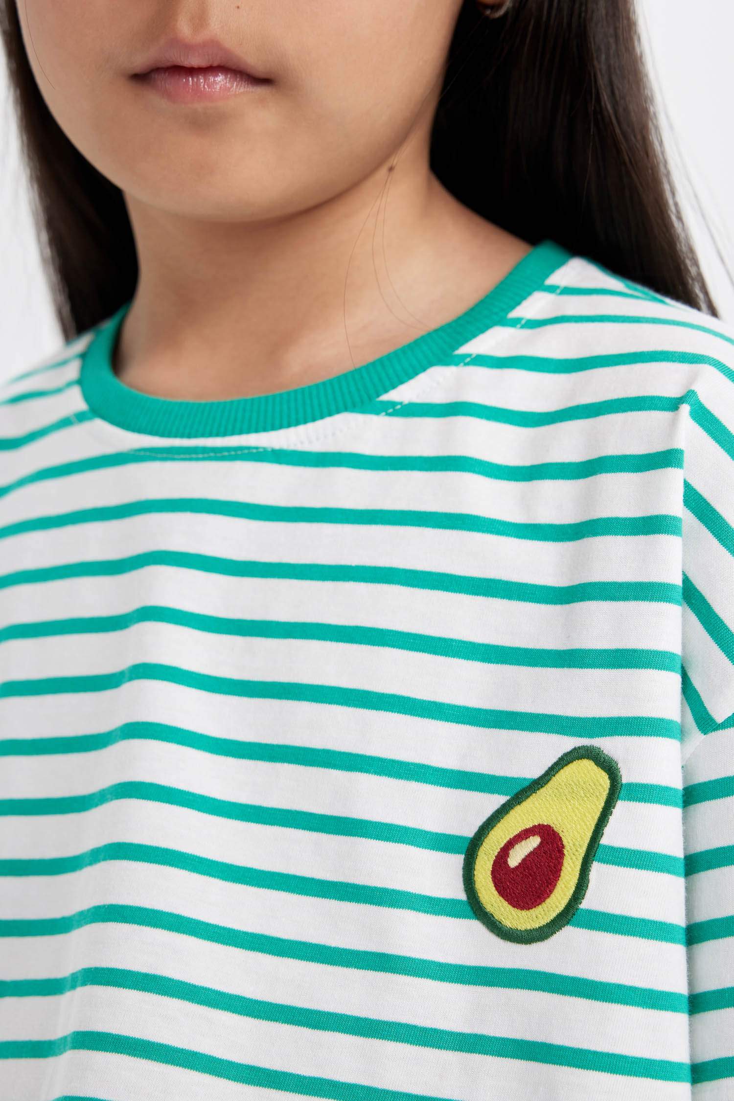 Kız Çocuk Bisiklet Yaka Çizgili Kısa Kollu Tişört