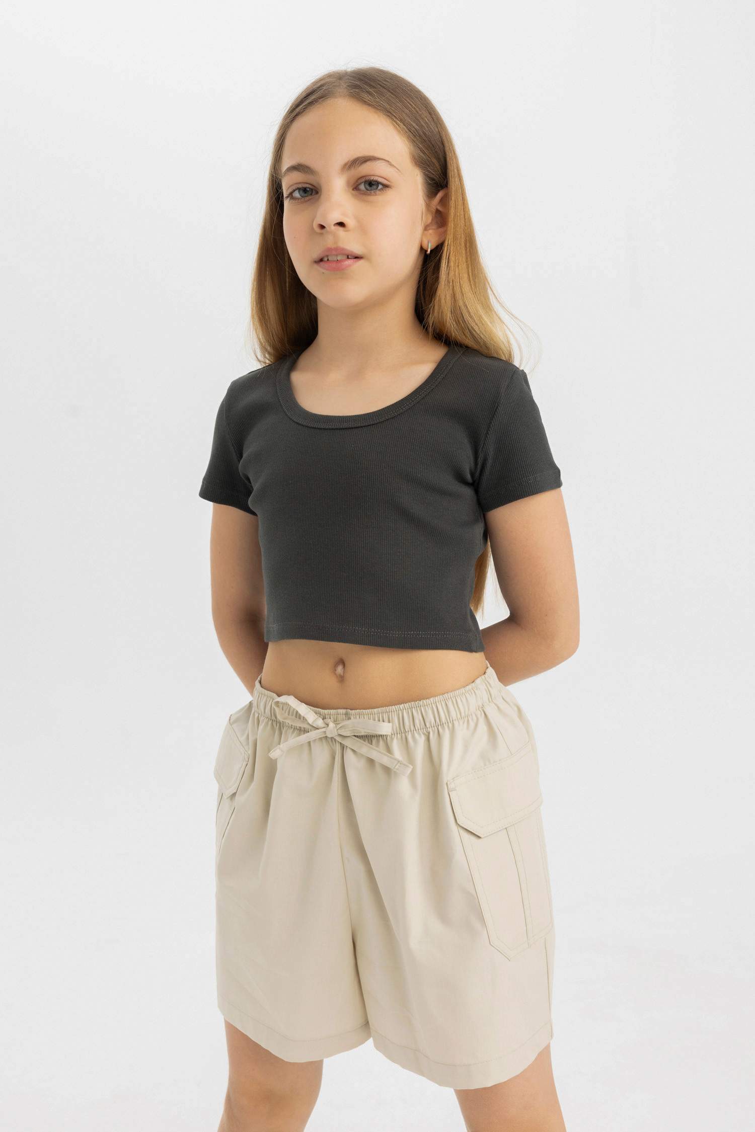 Girl Slim Fit Crew Neck Basic Ribbed T-Shirt