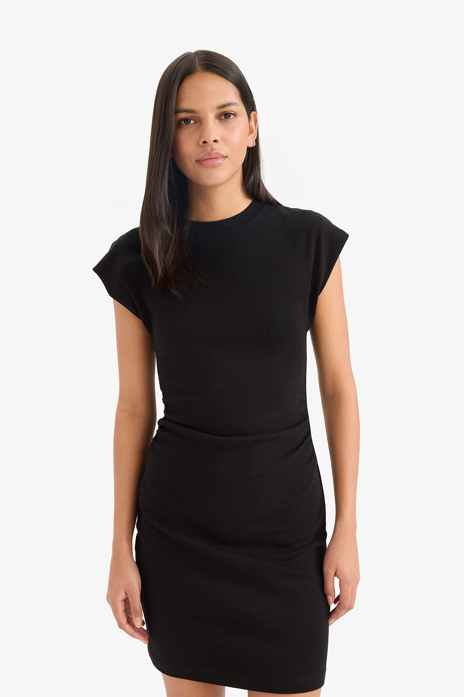 Bodycon Vücudu Saran Bisiklet Yaka Basic Düz Ribana Kolsuz Mini Elbise