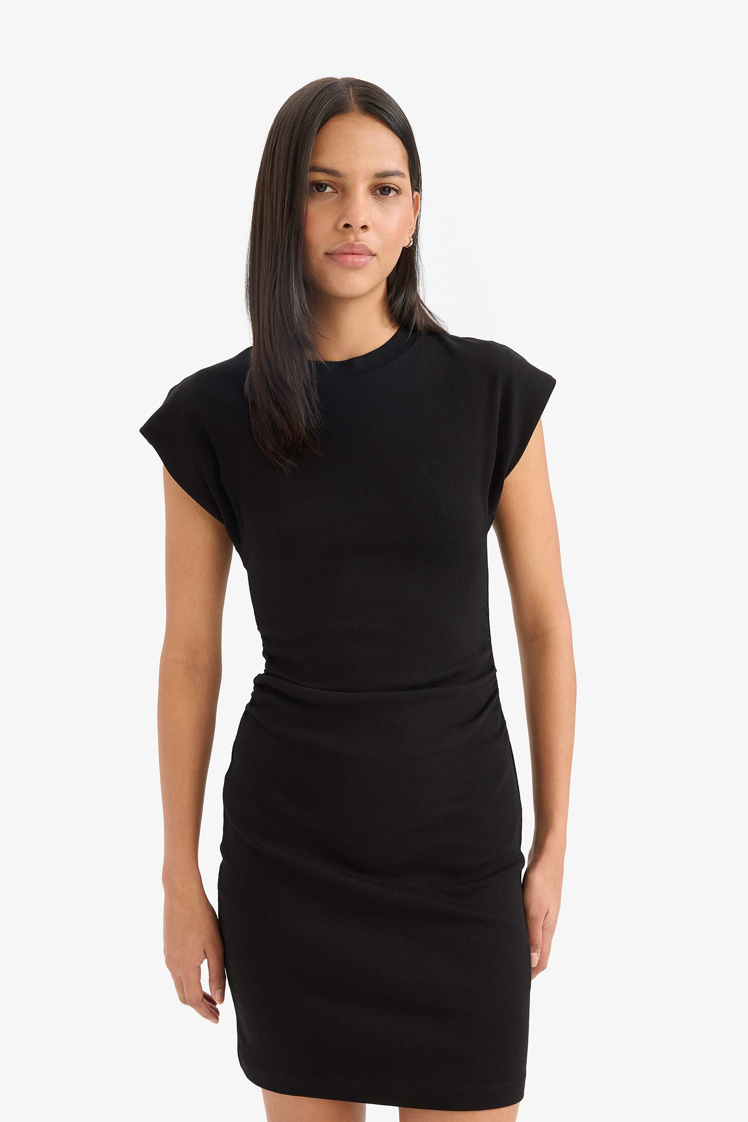 Bodycon Vücudu Saran Bisiklet Yaka Basic Düz Ribana Kolsuz Mini Elbise