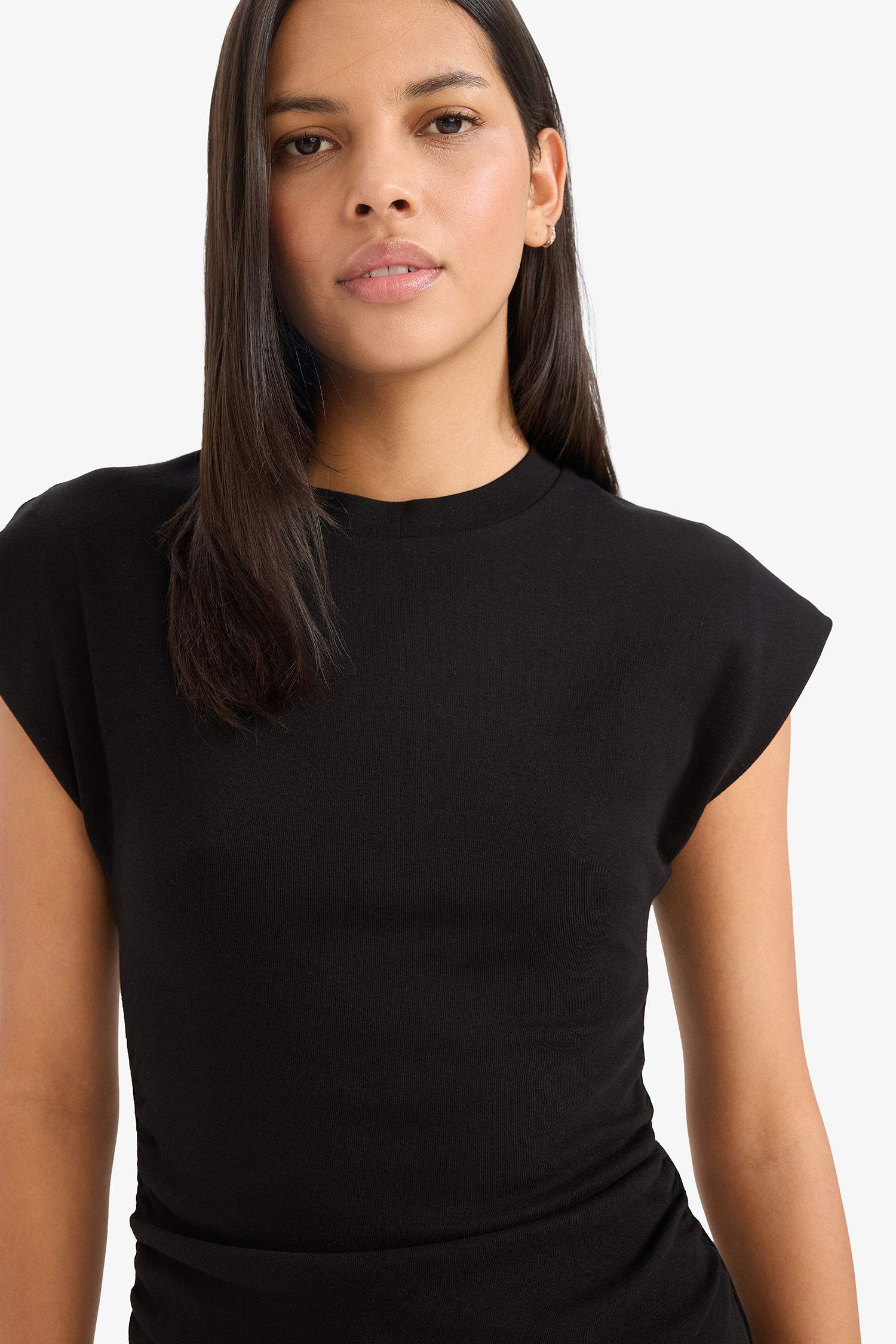 Bodycon Vücudu Saran Bisiklet Yaka Basic Düz Ribana Kolsuz Mini Elbise