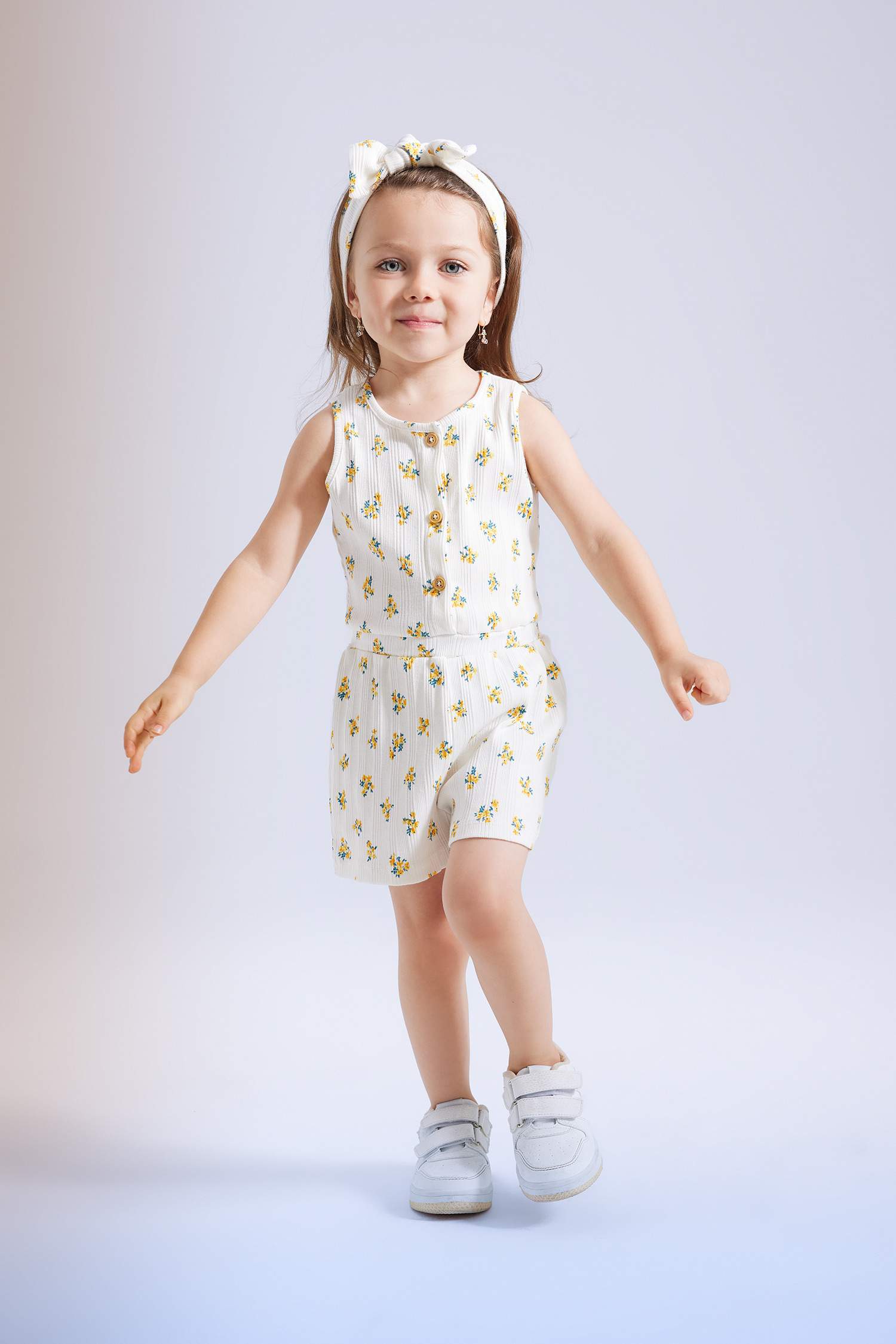 Kız Bebek 2'li Takım Çiçekli Fitilli Kaşkorse Kolsuz Tulum Saç Bandı